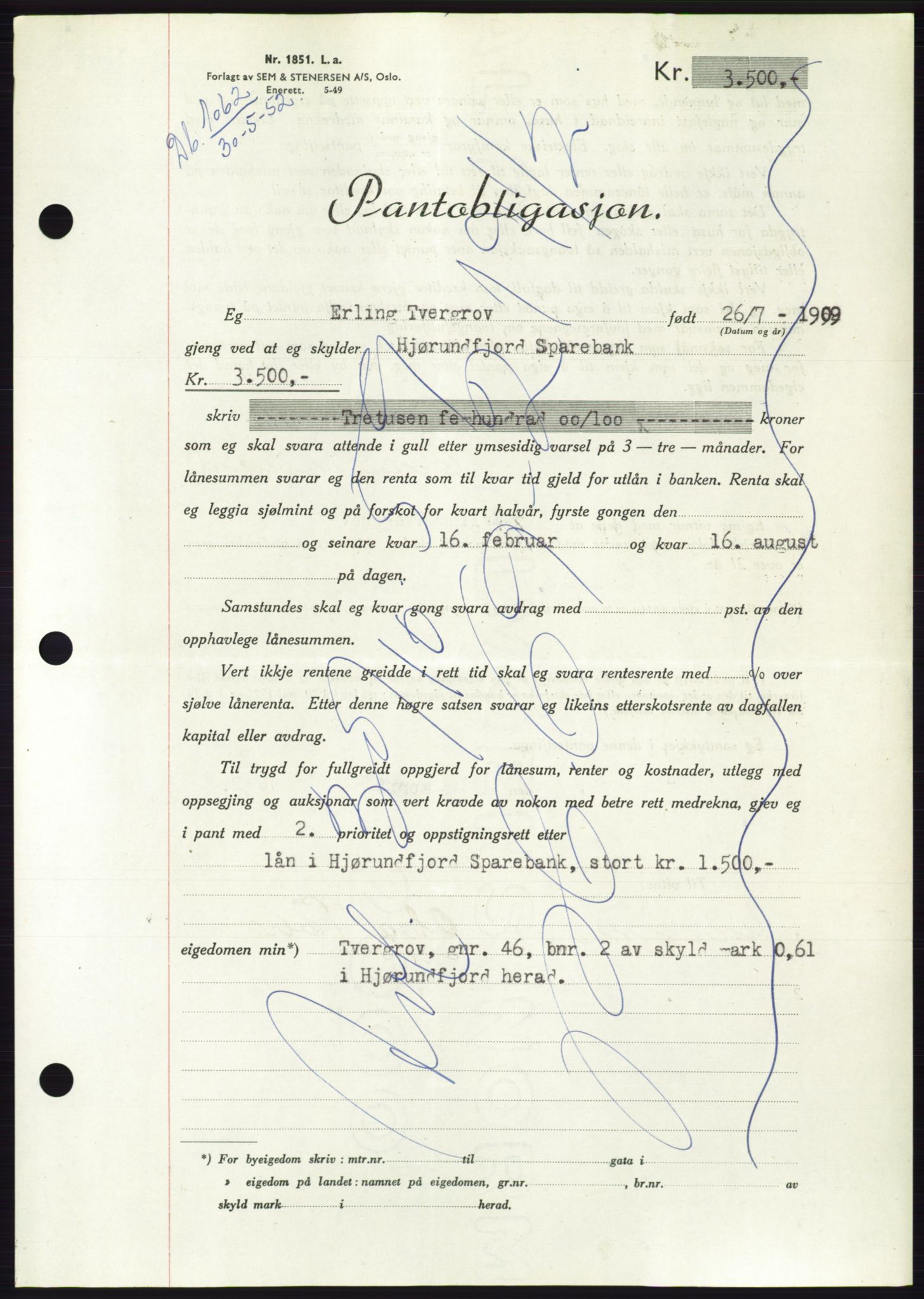 Søre Sunnmøre sorenskriveri, AV/SAT-A-4122/1/2/2C/L0121: Mortgage book no. 9B, 1951-1952, Diary no: : 1062/1952