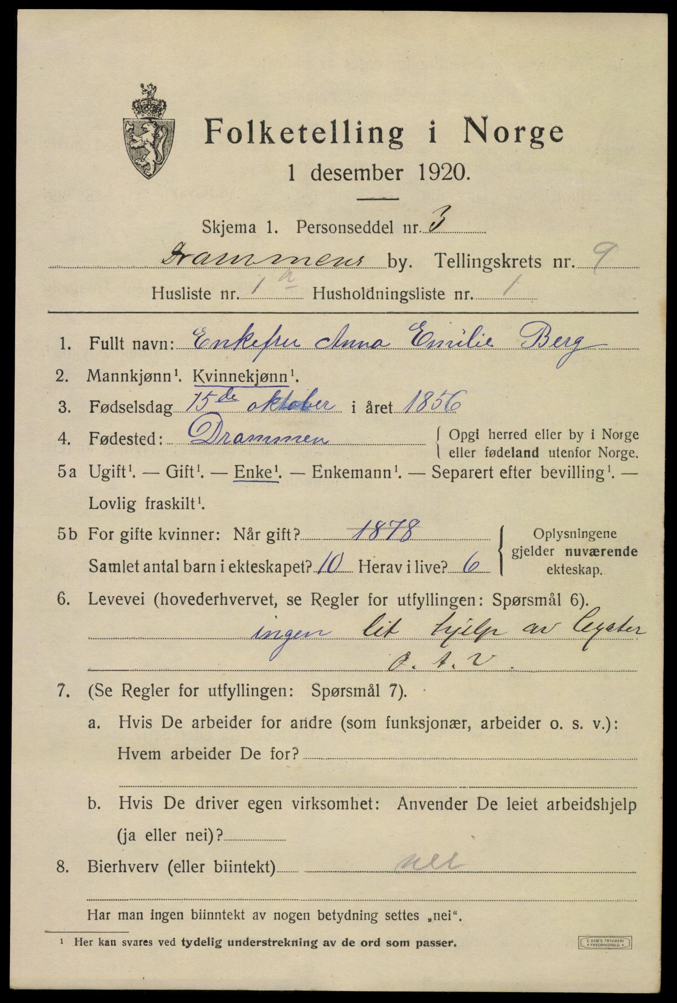 SAKO, 1920 census for Drammen, 1920, p. 58843