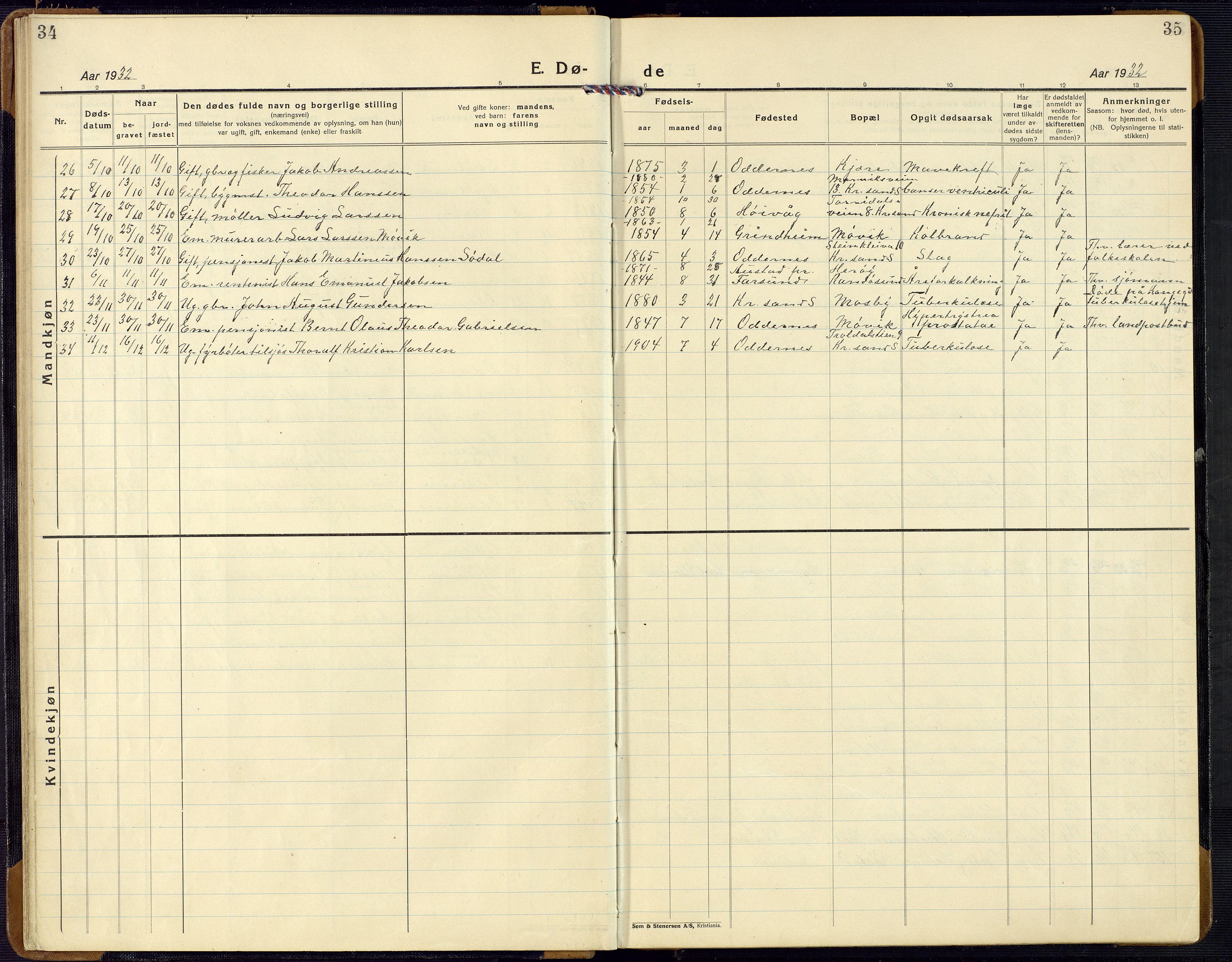 Oddernes sokneprestkontor, SAK/1111-0033/F/Fb/Fba/L0011: Parish register (copy) no. B 11, 1923-1969, p. 34-35