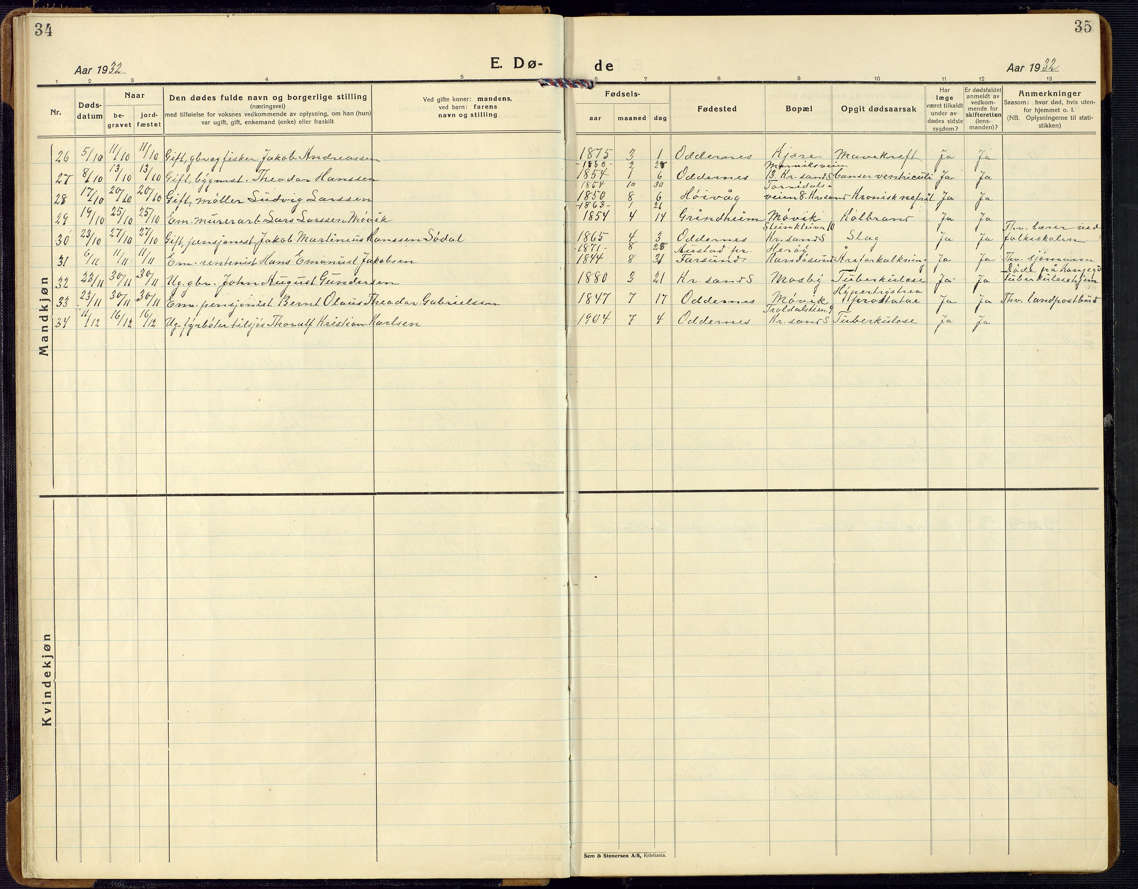 Oddernes sokneprestkontor, AV/SAK-1111-0033/F/Fb/Fba/L0011: Parish register (copy) no. B 11, 1923-1969, p. 34-35
