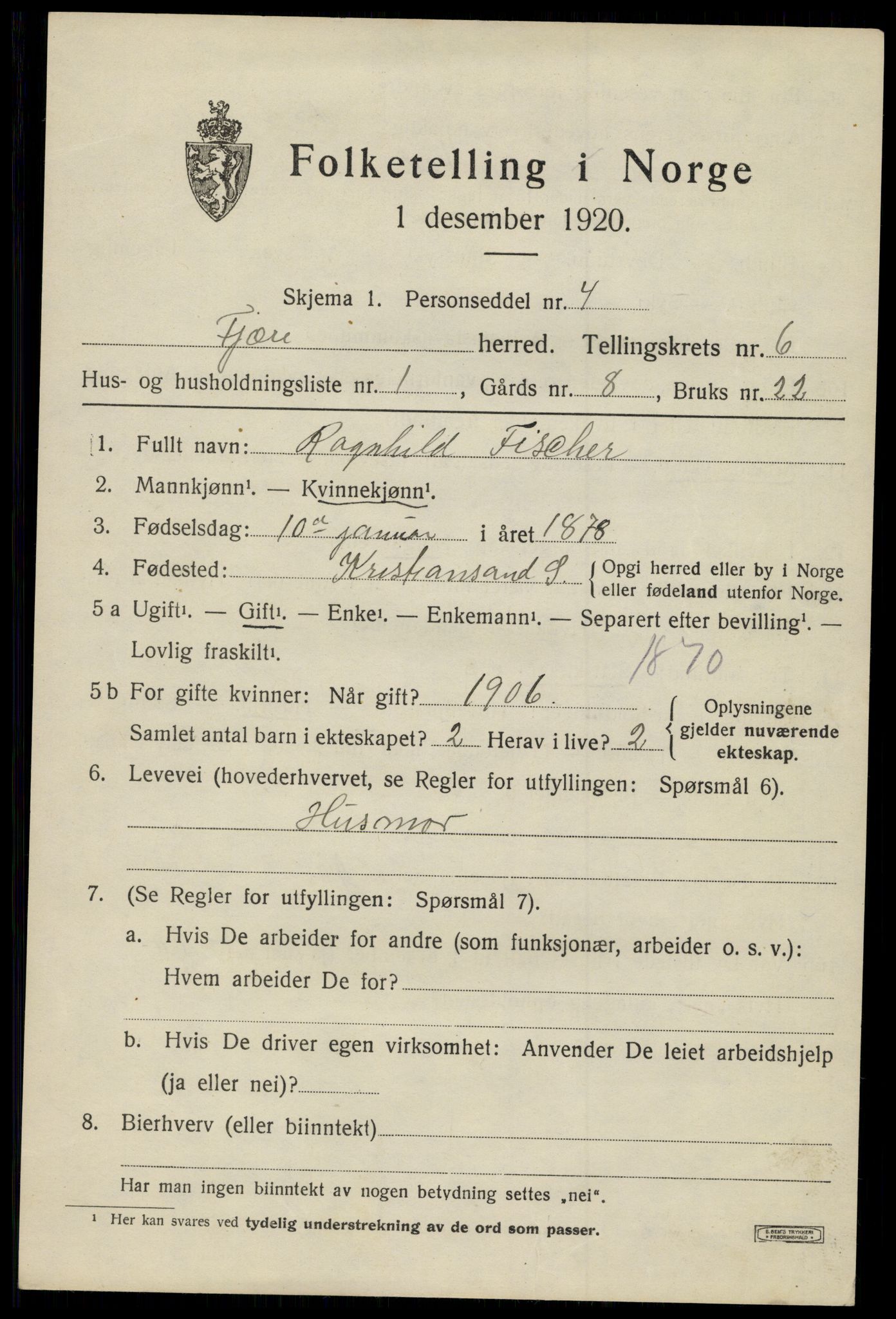 SAK, 1920 census for Fjære, 1920, p. 8213