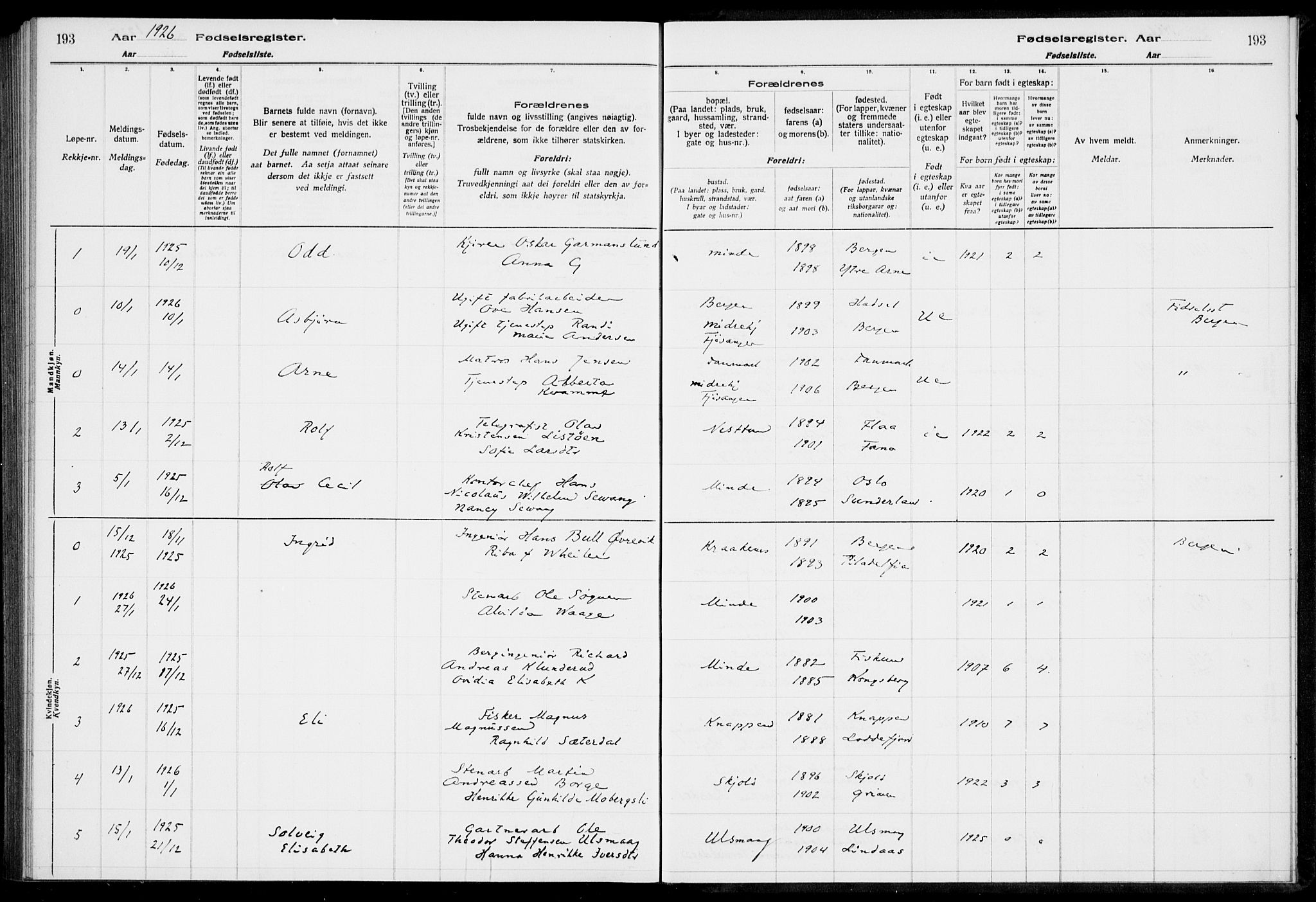 Birkeland Sokneprestembete, SAB/A-74601/I/Id/L00A1: Birth register no. A 1, 1916-1926, p. 193