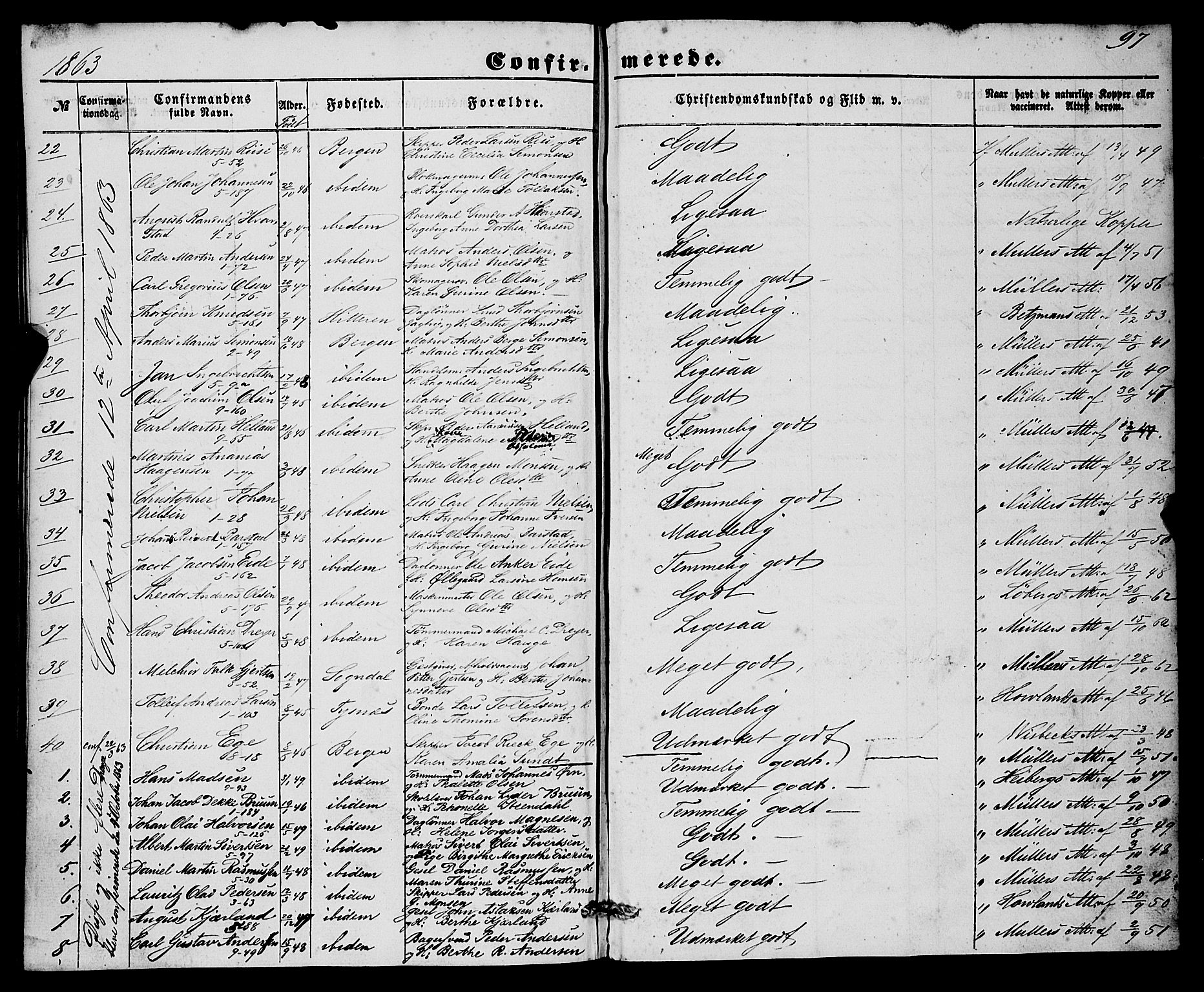 Nykirken Sokneprestembete, SAB/A-77101/H/Haa/L0023: Parish register (official) no. C 2, 1851-1863, p. 97
