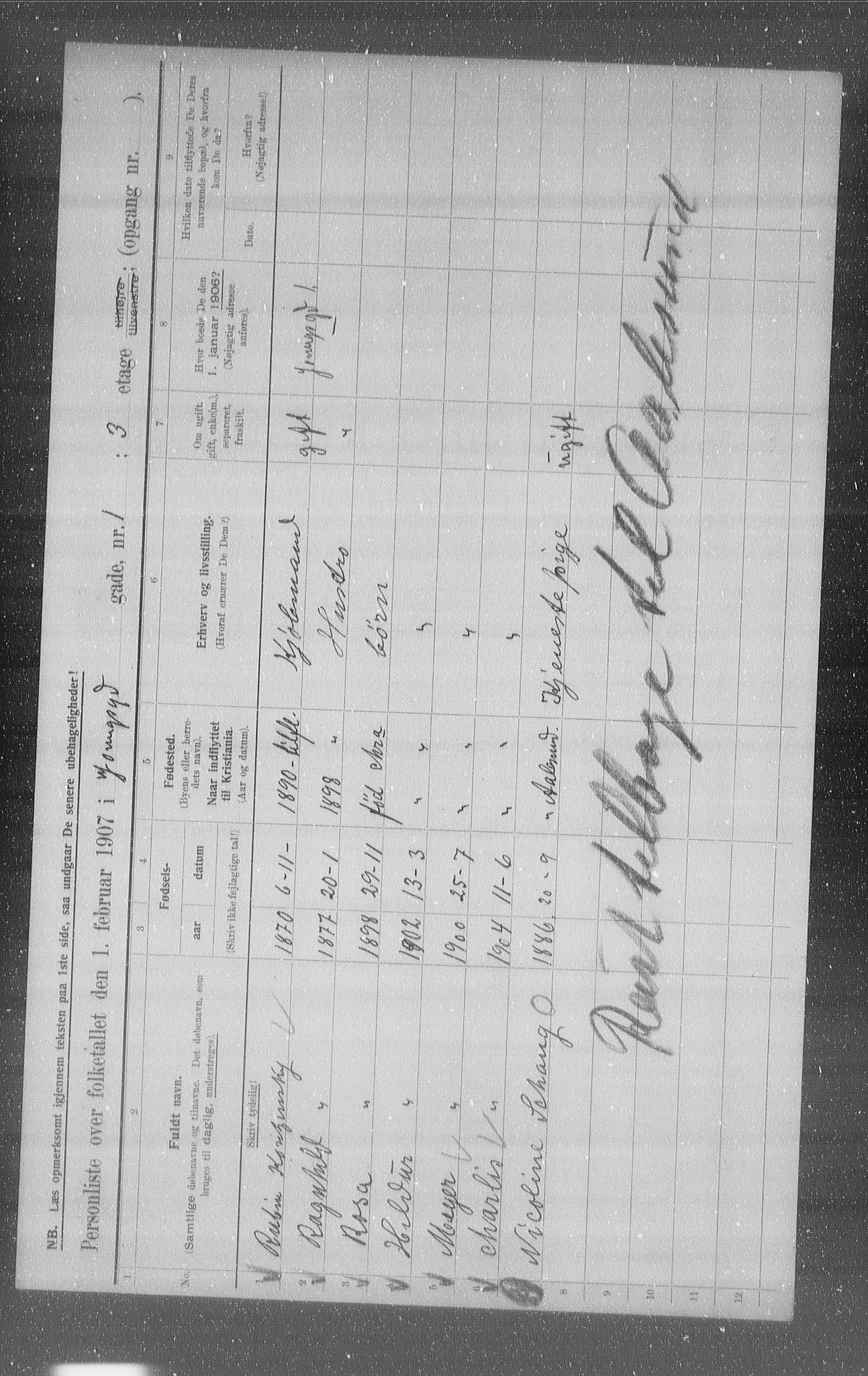 OBA, Municipal Census 1907 for Kristiania, 1907, p. 65332