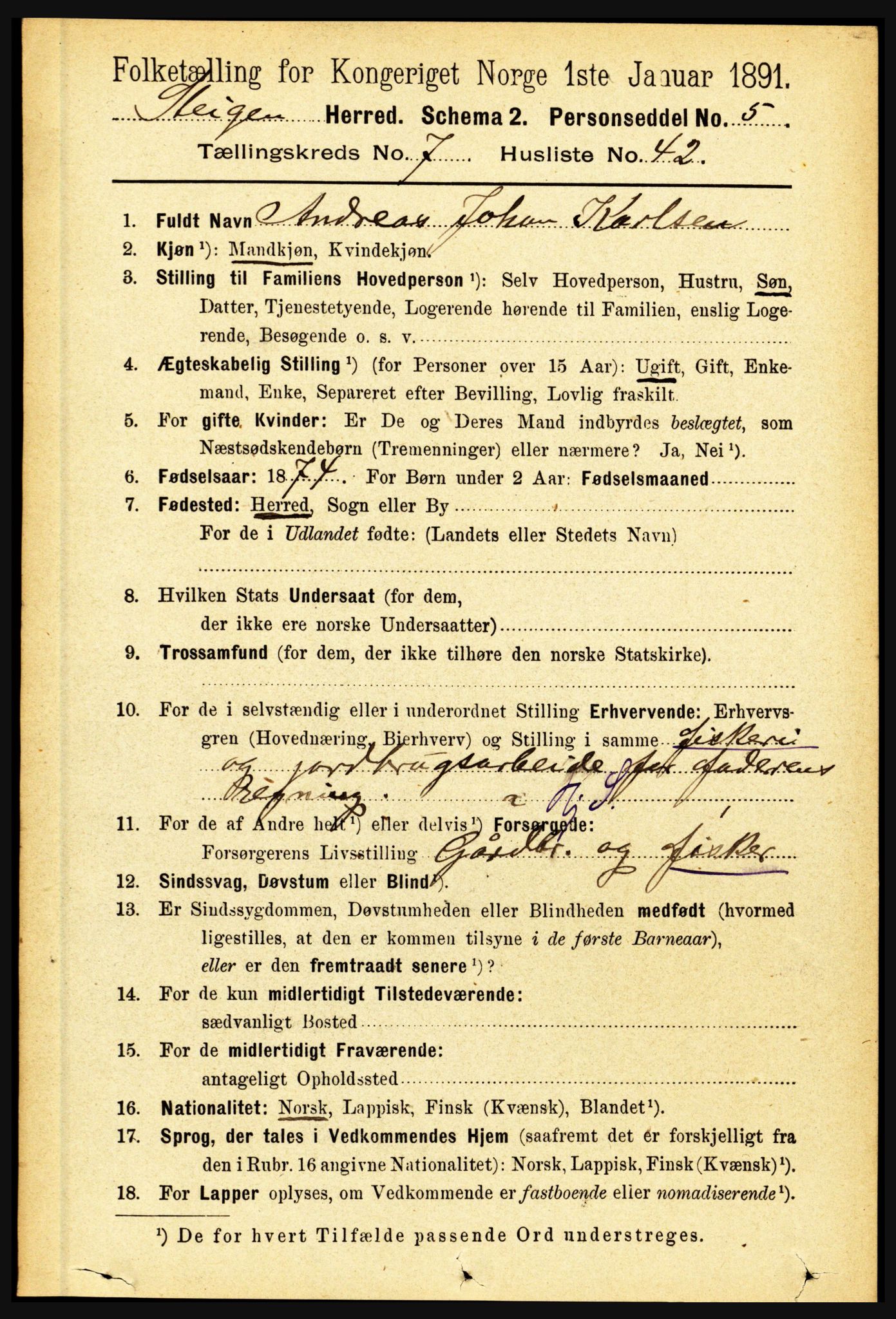 RA, 1891 census for 1848 Steigen, 1891, p. 2506