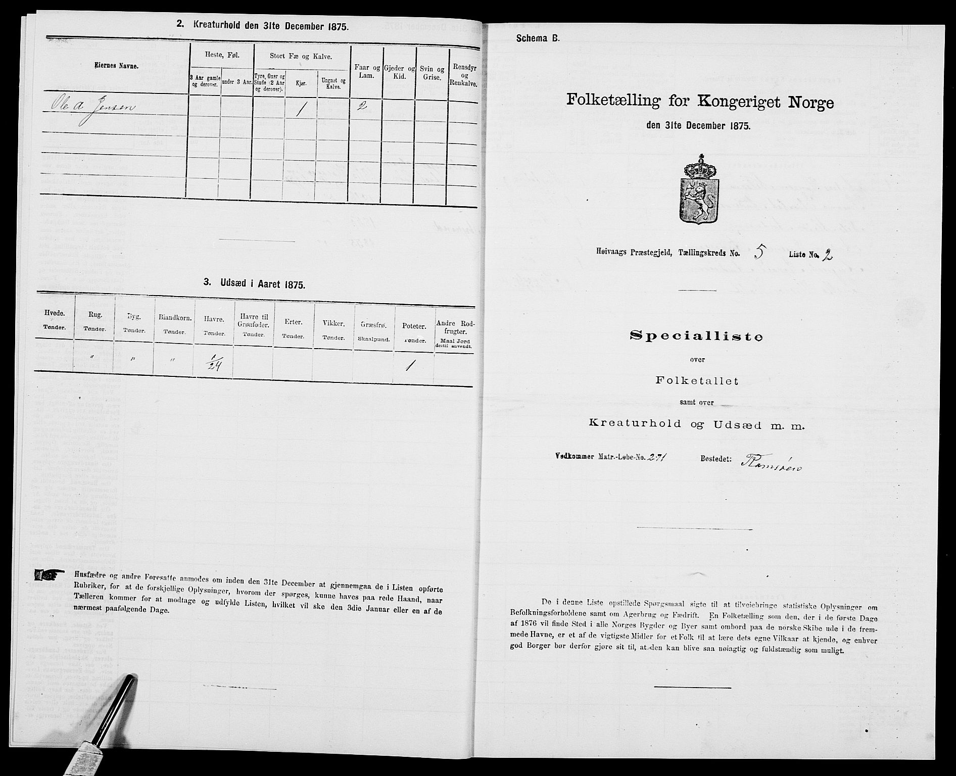 SAK, 1875 census for 0927P Høvåg, 1875, p. 614