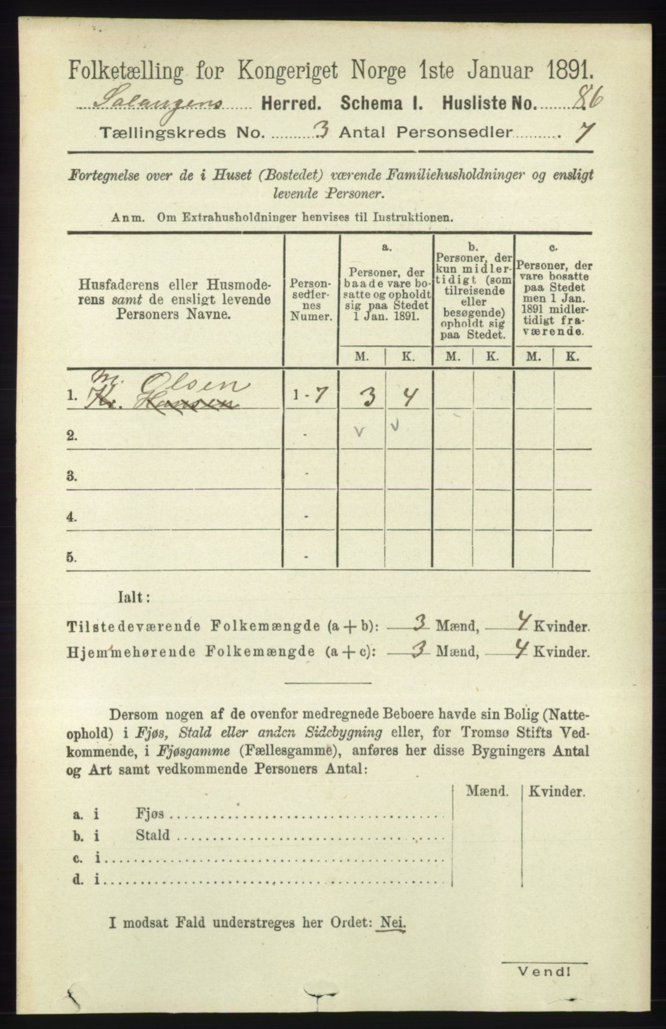 RA, 1891 census for 1921 Salangen, 1891, p. 1224