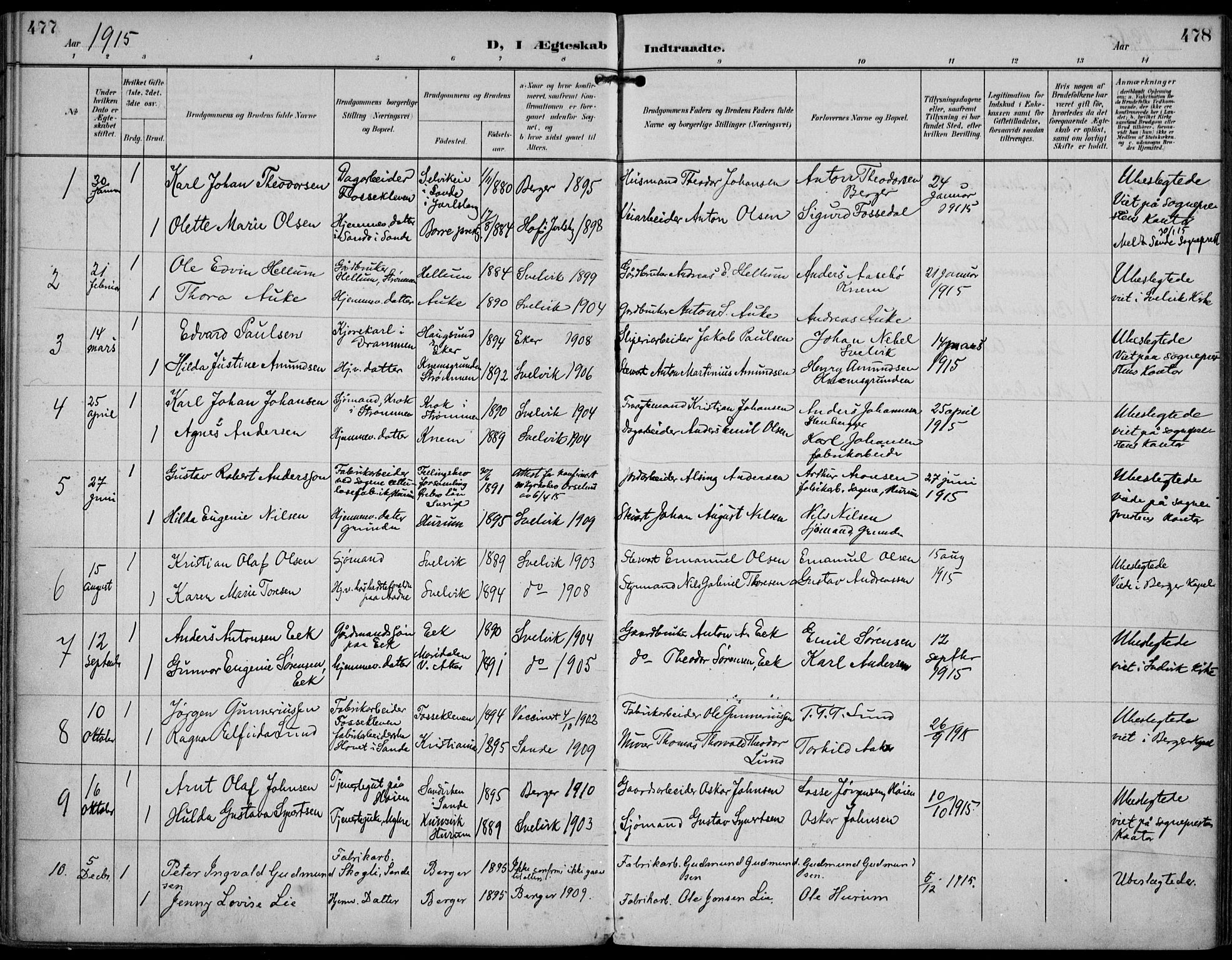 Strømm kirkebøker, AV/SAKO-A-322/F/Fa/L0005: Parish register (official) no. I 5, 1898-1919, p. 477-478