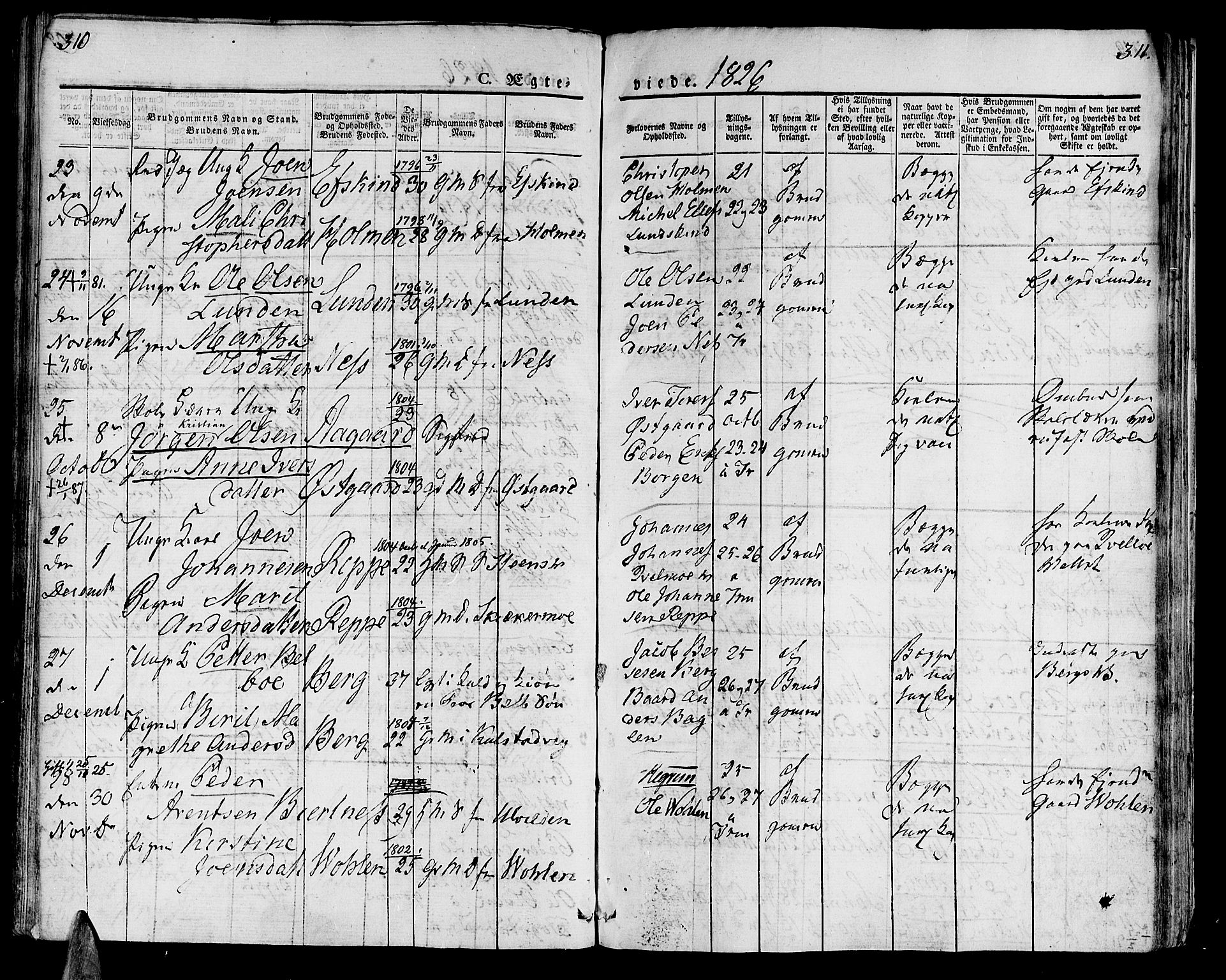 Ministerialprotokoller, klokkerbøker og fødselsregistre - Nord-Trøndelag, SAT/A-1458/723/L0237: Parish register (official) no. 723A06, 1822-1830, p. 310-311