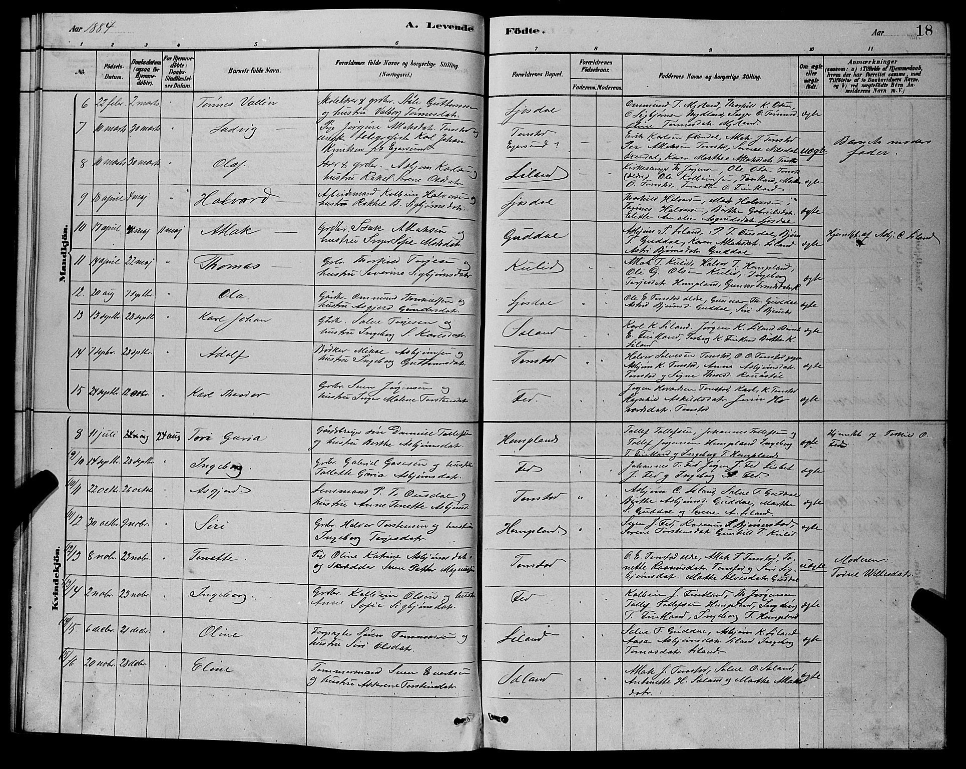 Sirdal sokneprestkontor, AV/SAK-1111-0036/F/Fb/Fbb/L0003: Parish register (copy) no. B 3, 1878-1894, p. 18