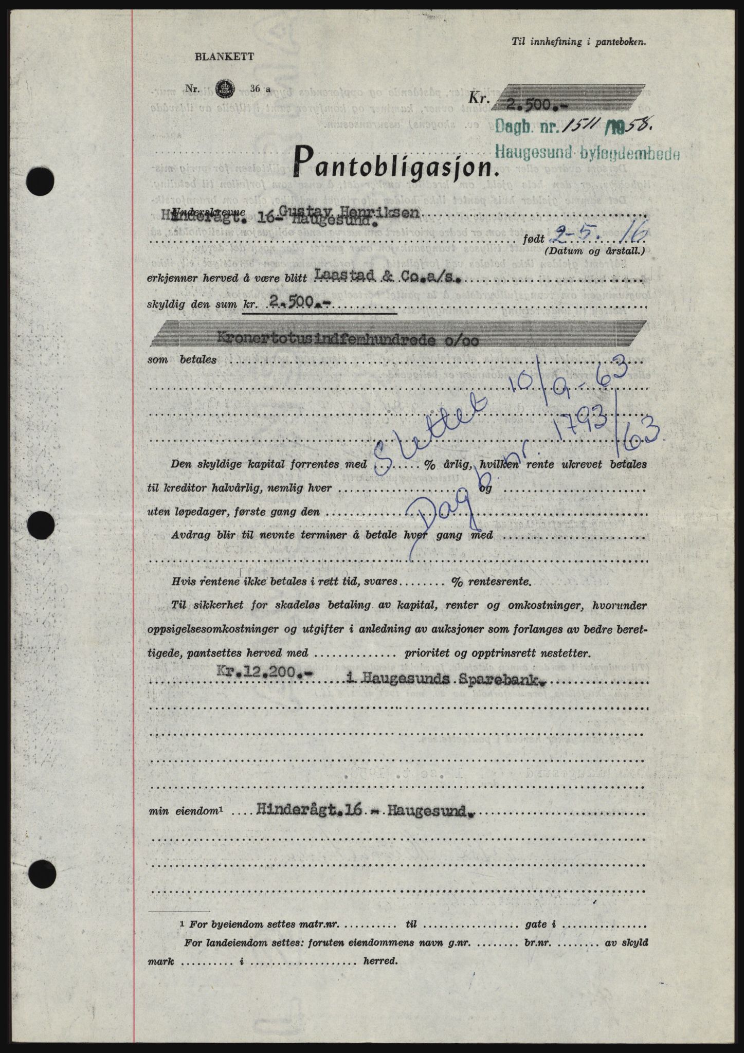 Haugesund tingrett, SAST/A-101415/01/II/IIC/L0044: Mortgage book no. B 44, 1958-1959, Diary no: : 1511/1958