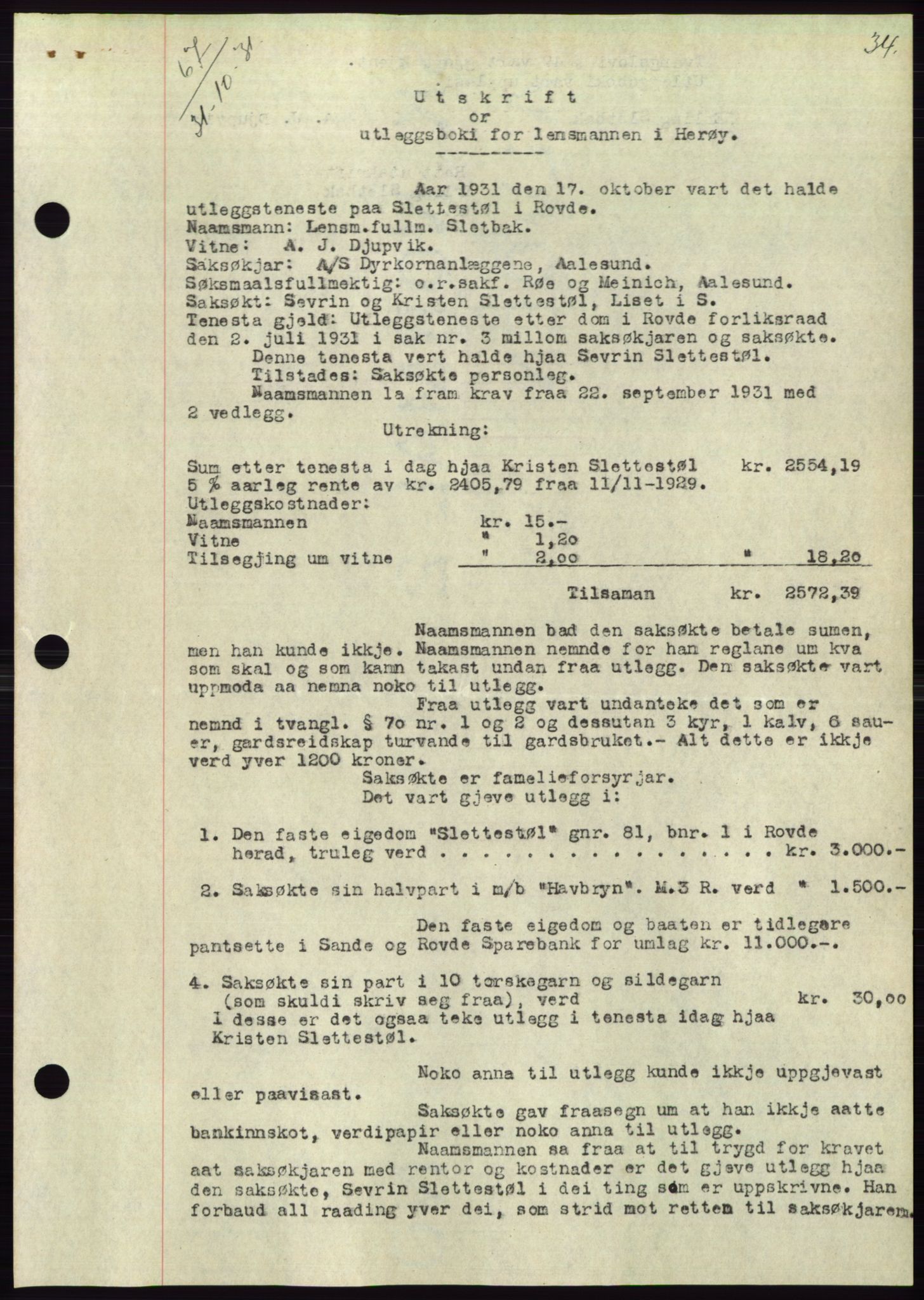 Søre Sunnmøre sorenskriveri, AV/SAT-A-4122/1/2/2C/L0053: Mortgage book no. 47, 1931-1932, Deed date: 31.10.1931