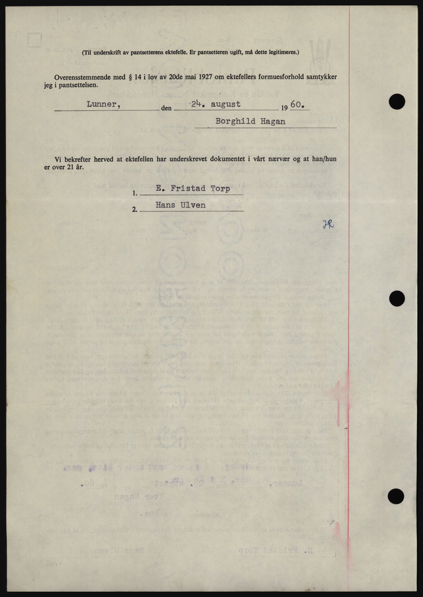 Hadeland og Land tingrett, SAH/TING-010/H/Hb/Hbc/L0043: Mortgage book no. B43, 1960-1960, Diary no: : 3137/1960