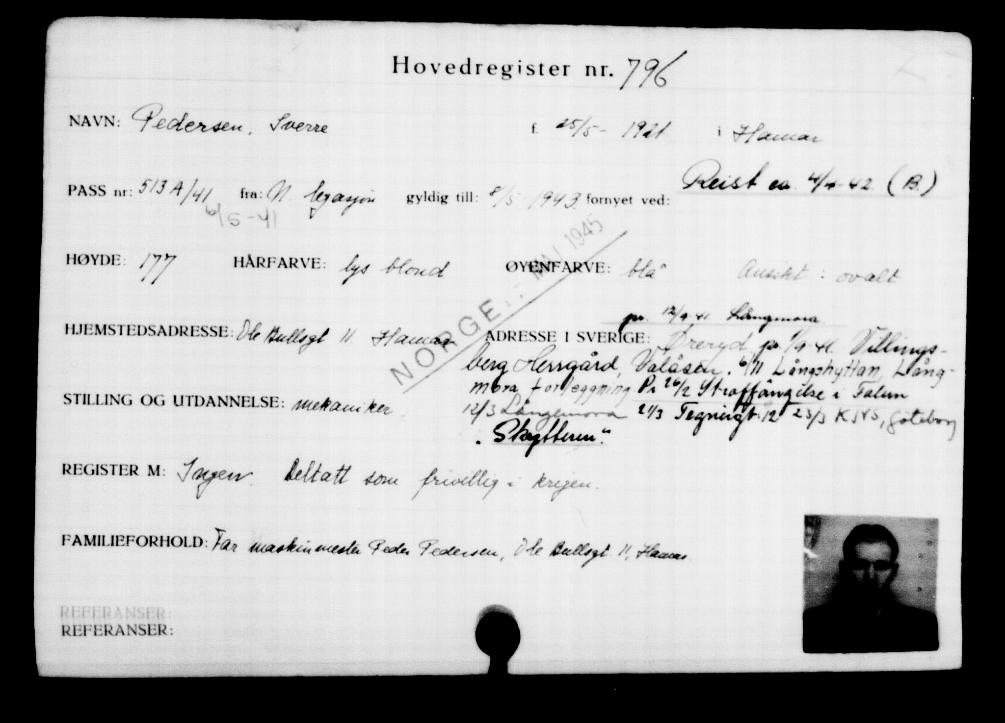 Utenriksstasjonene, Legasjonen i Stockholm, Flyktningkontoret, AV/RA-S-6753/V/Va/L0001: Kjesäterkartoteket, flyktninger med registreringsnr. 1-1000, 1940-1945, p. 1261