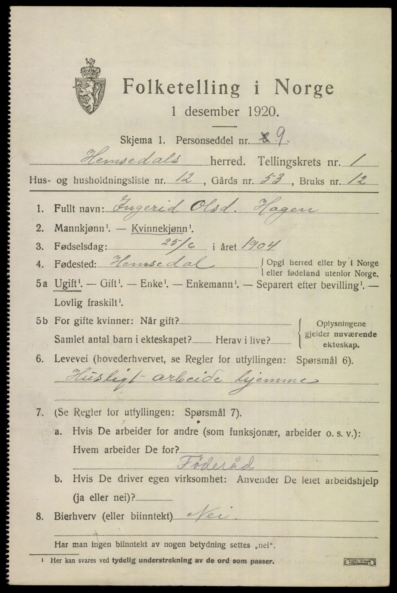 SAKO, 1920 census for Hemsedal, 1920, p. 690