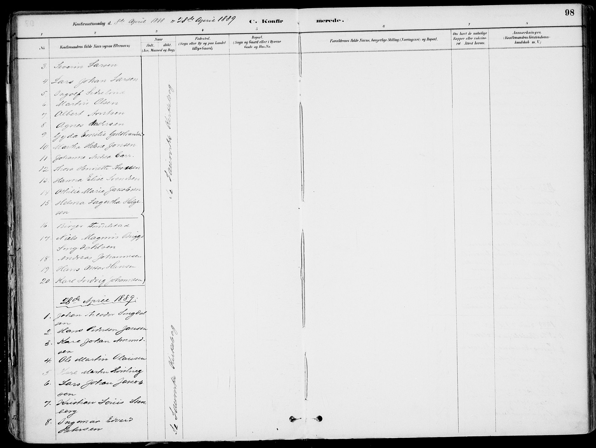 Larvik kirkebøker, AV/SAKO-A-352/F/Fb/L0004: Parish register (official) no. II 4, 1884-1902, p. 98