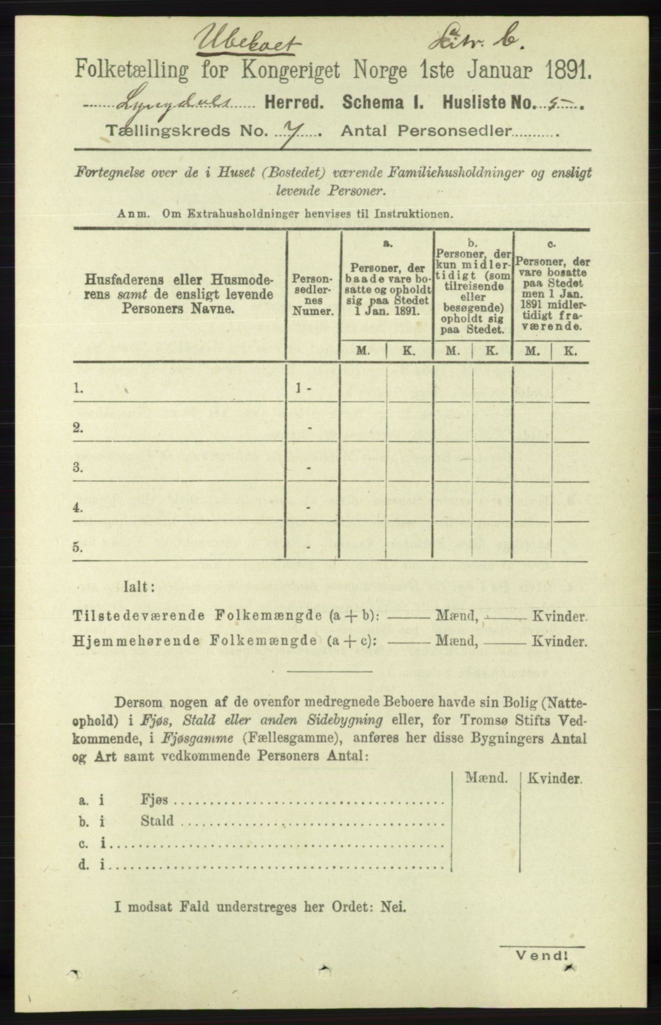 RA, 1891 census for 1032 Lyngdal, 1891, p. 2843