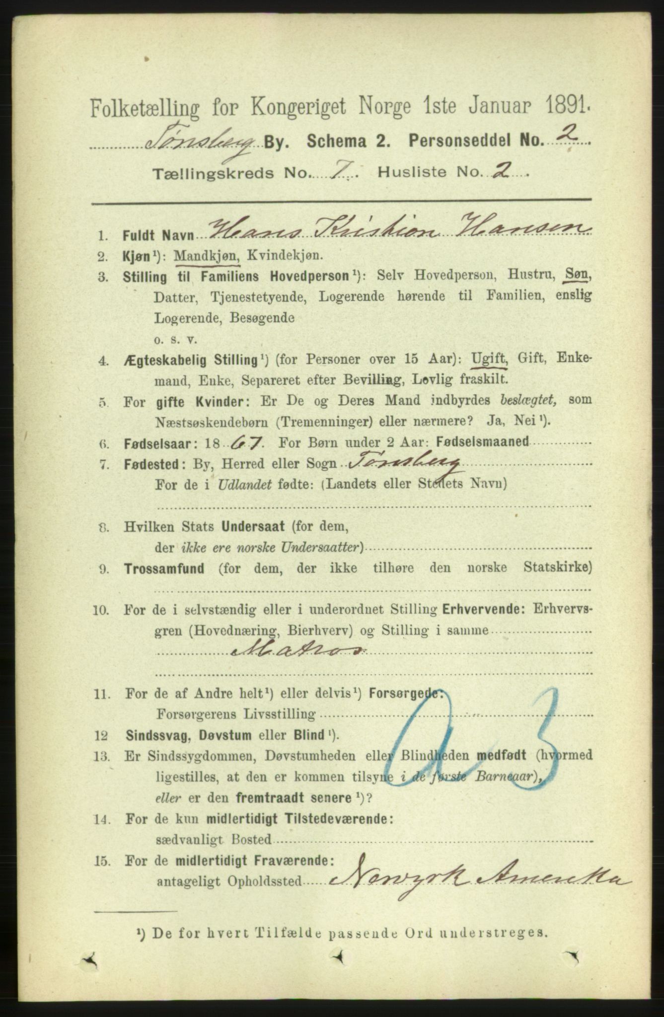 RA, 1891 census for 0705 Tønsberg, 1891, p. 2728