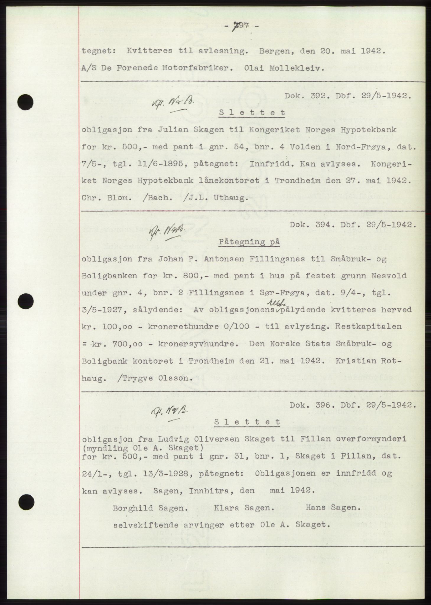 Hitra sorenskriveri, AV/SAT-A-0018/2/2C/2Ca: Mortgage book no. C1, 1936-1945, Diary no: : 392/1942