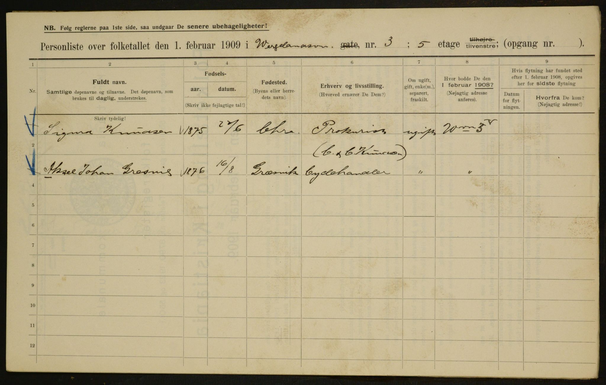 OBA, Municipal Census 1909 for Kristiania, 1909, p. 115976