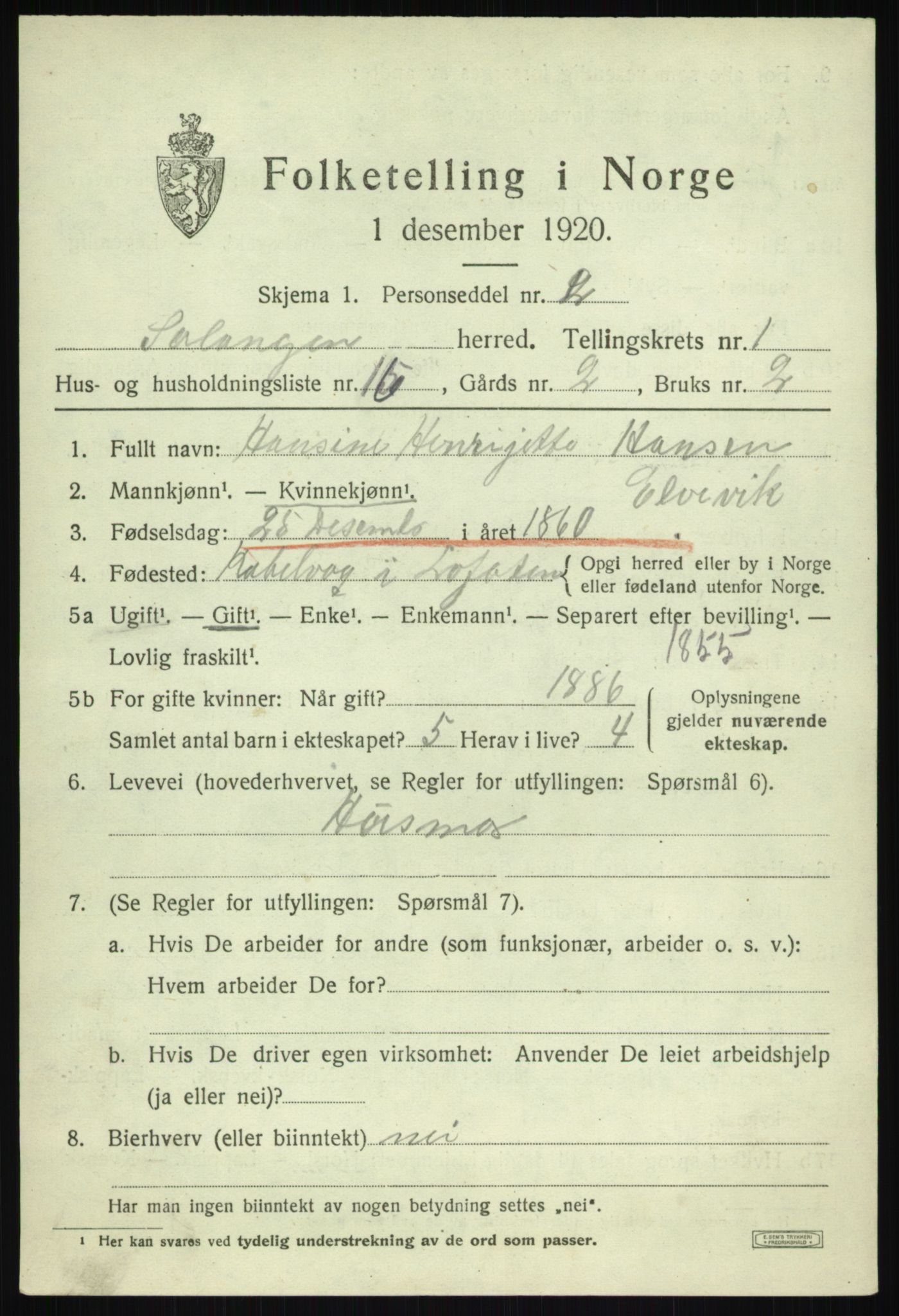 SATØ, 1920 census for Salangen, 1920, p. 1152