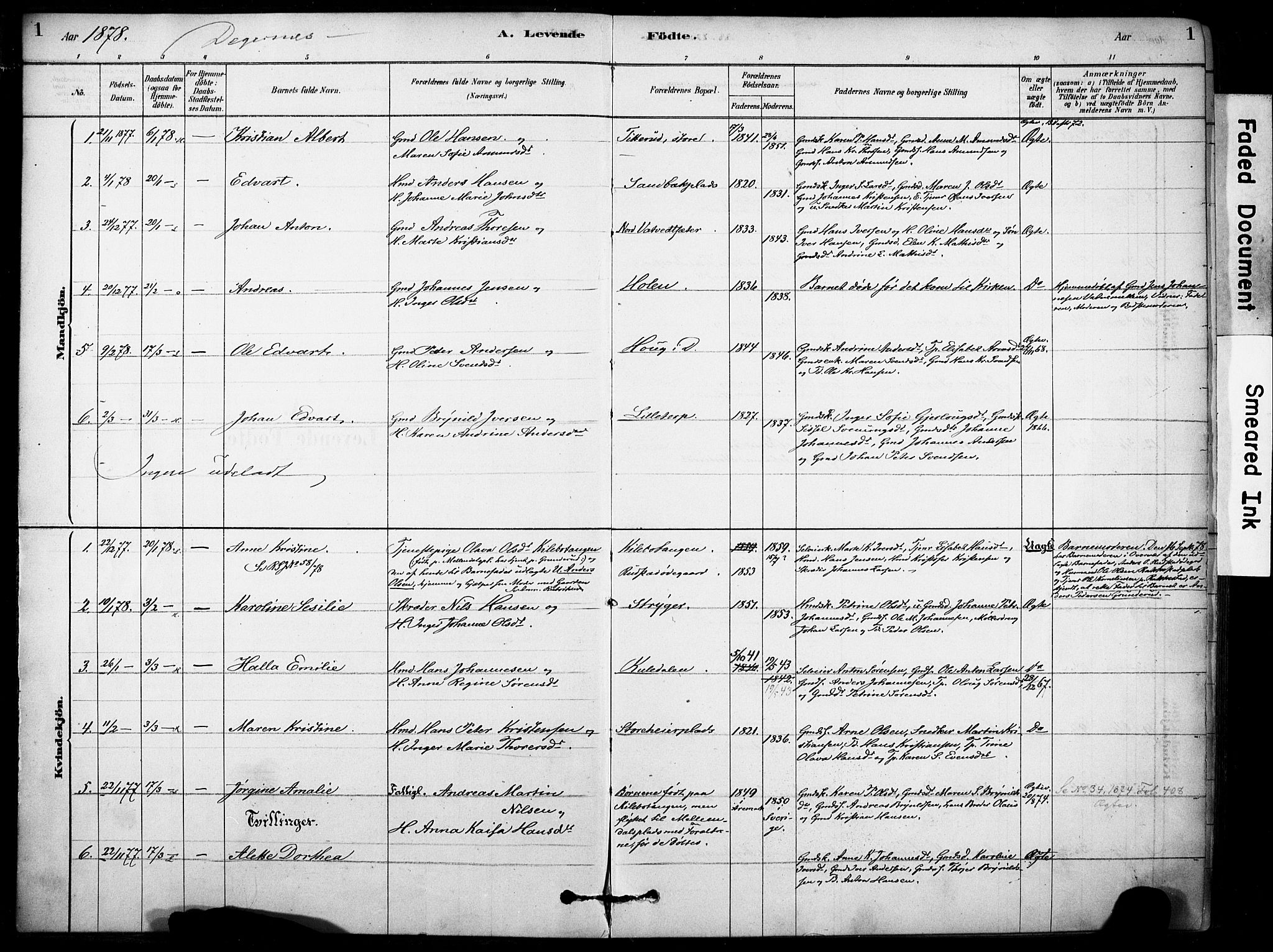 Rakkestad prestekontor Kirkebøker, AV/SAO-A-2008/F/Fb/L0001: Parish register (official) no. II 1, 1878-1899, p. 1