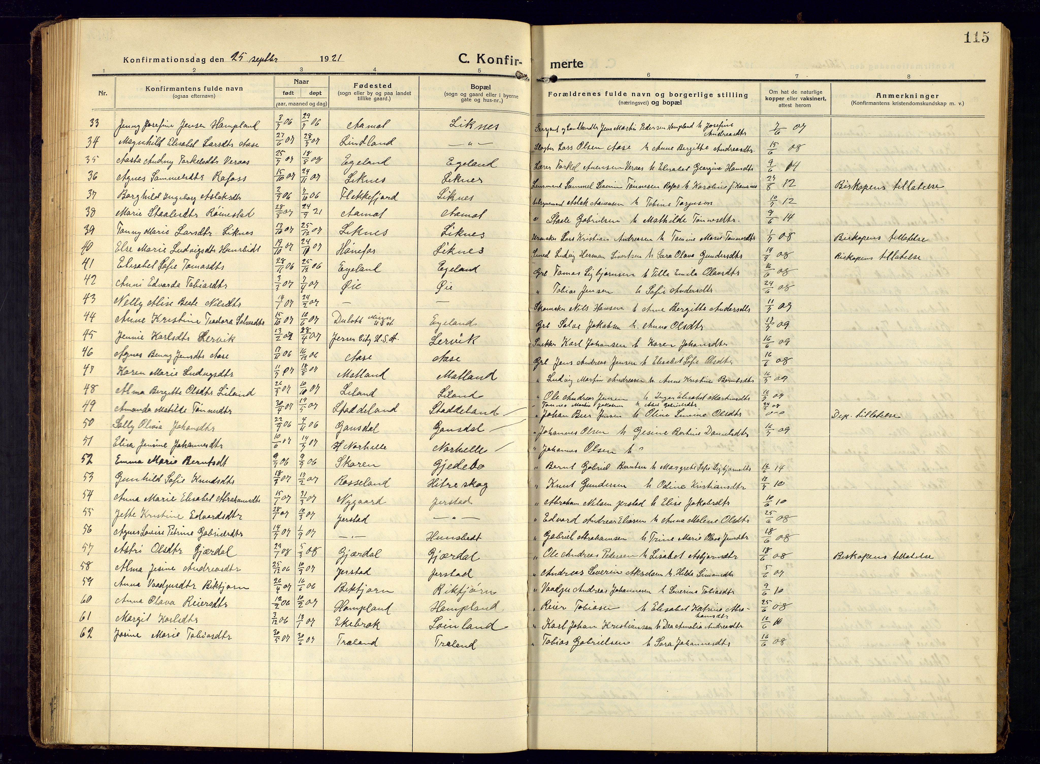 Kvinesdal sokneprestkontor, SAK/1111-0026/F/Fb/Fbb/L0004: Parish register (copy) no. B 4, 1917-1938, p. 115