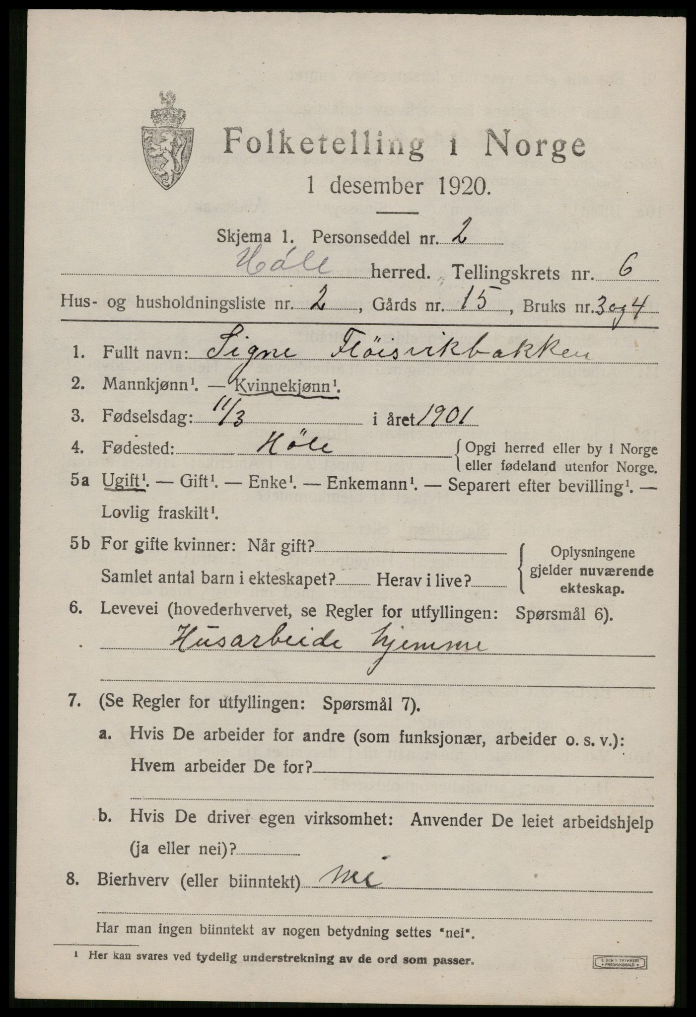 SAST, 1920 census for Høle, 1920, p. 1829