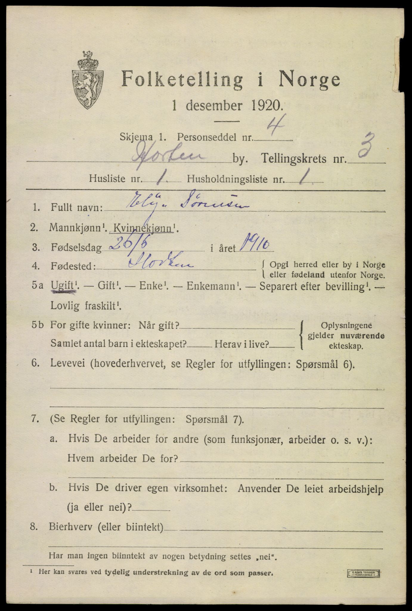 SAKO, 1920 census for Horten, 1920, p. 13465