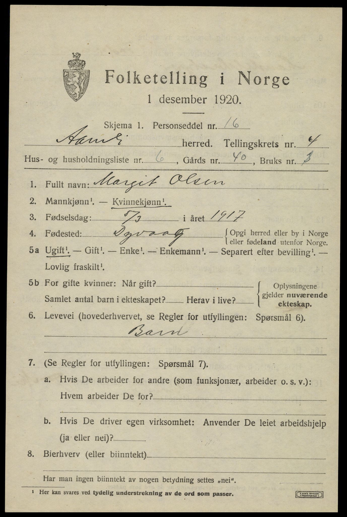 SAK, 1920 census for Åmli, 1920, p. 1947