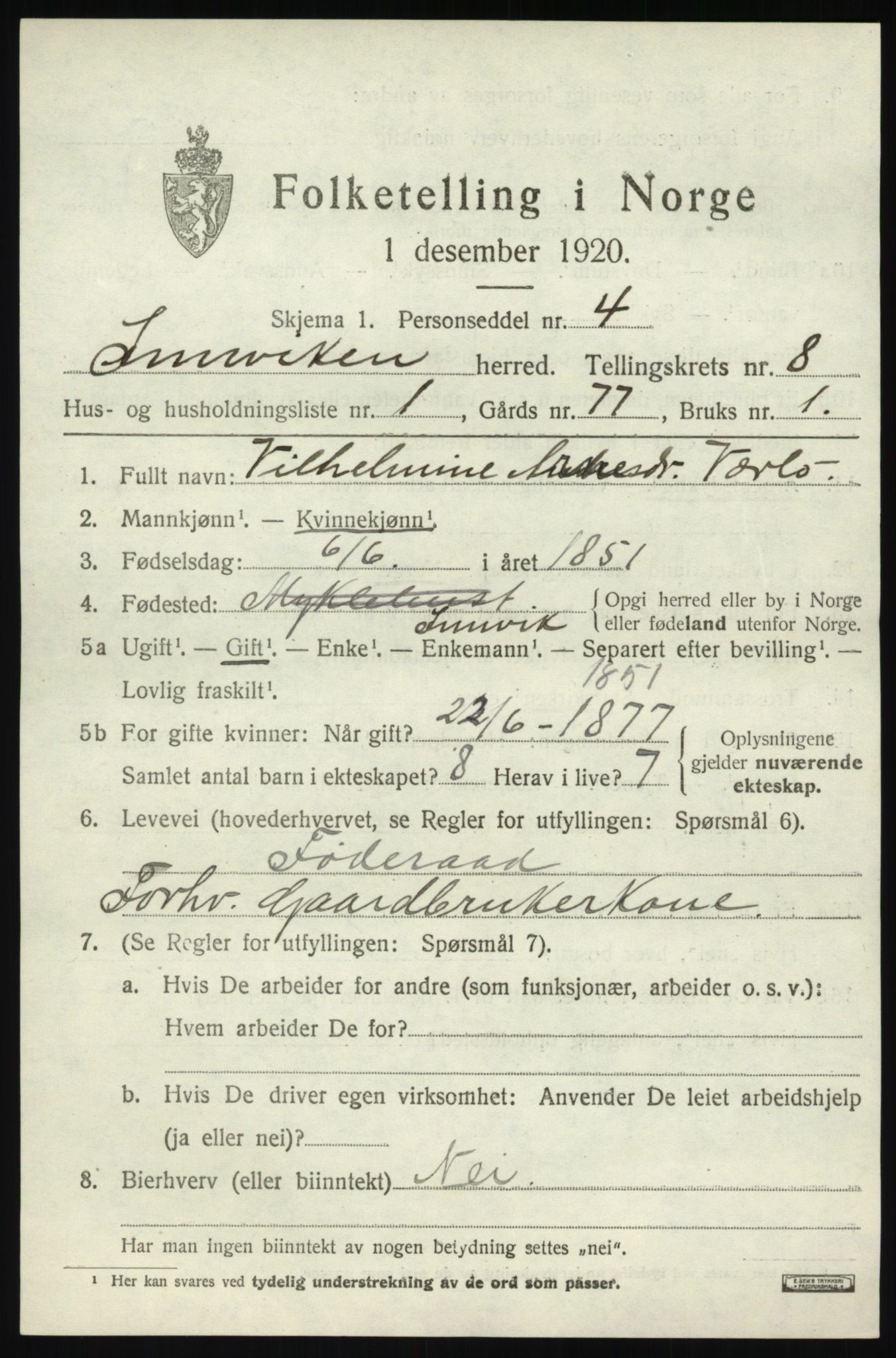 SAB, 1920 census for Innvik, 1920, p. 3437