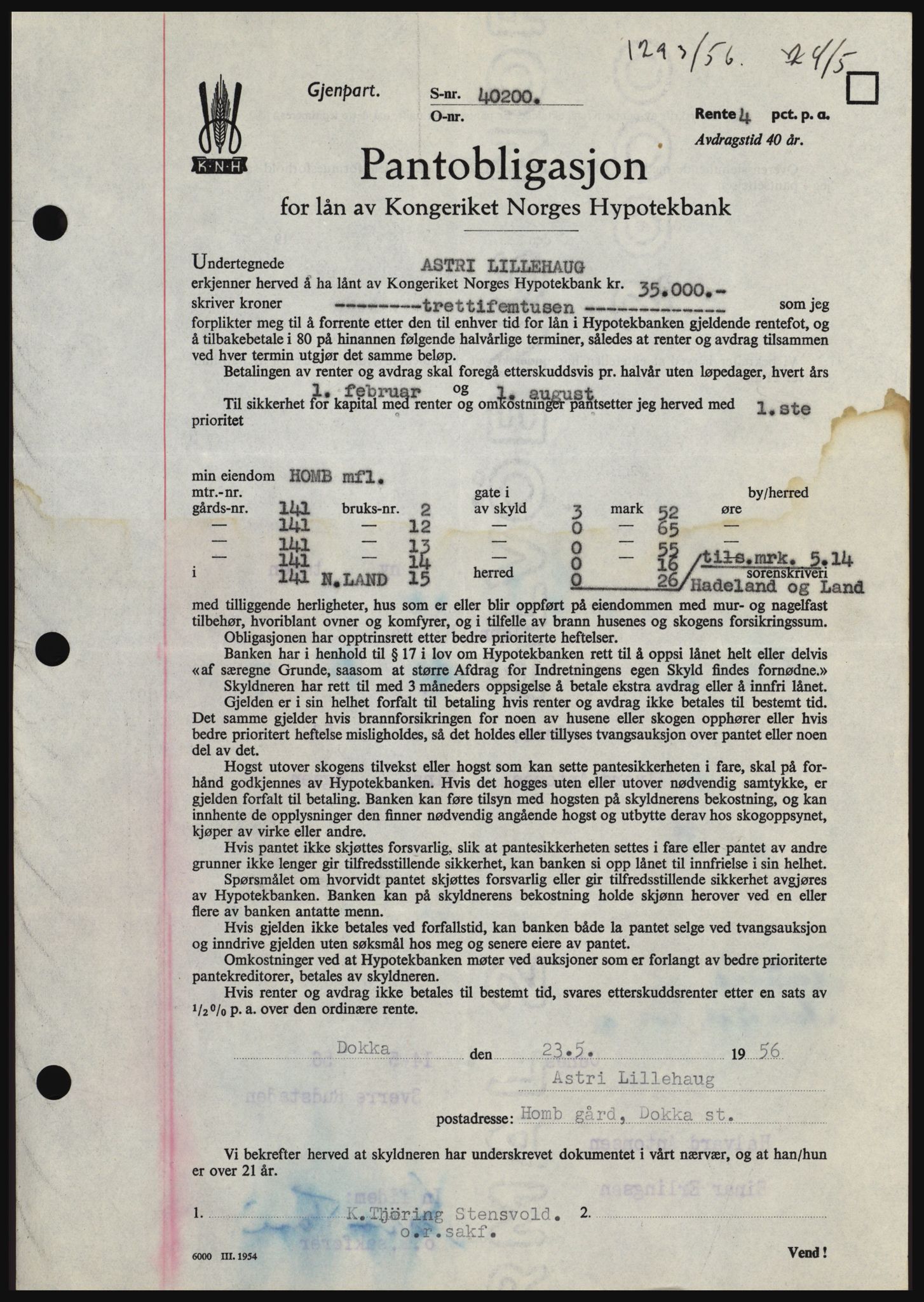 Hadeland og Land tingrett, SAH/TING-010/H/Hb/Hbc/L0034: Mortgage book no. B34, 1956-1956, Diary no: : 1293/1956
