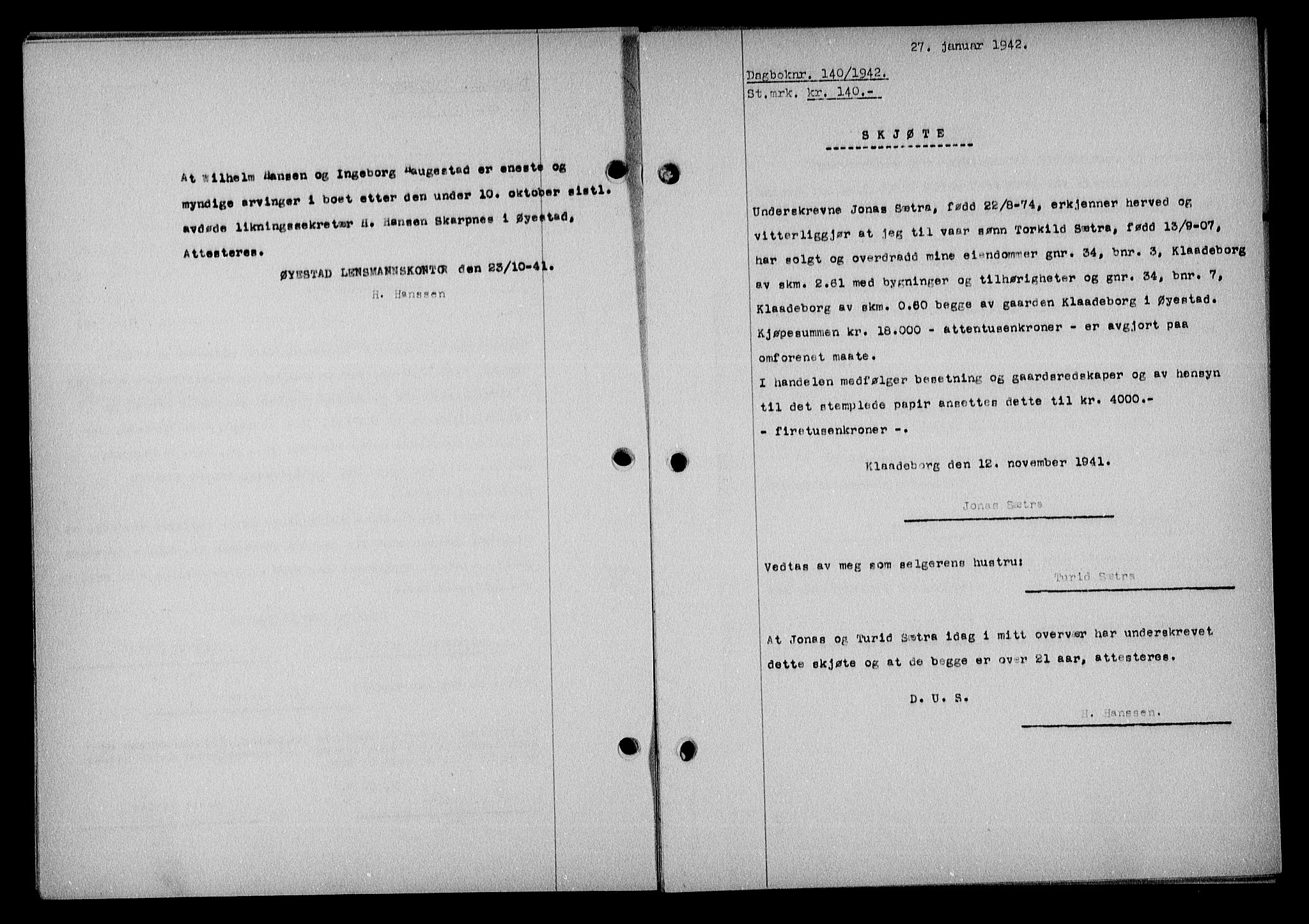 Nedenes sorenskriveri, SAK/1221-0006/G/Gb/Gba/L0049: Mortgage book no. A-III, 1941-1942, Diary no: : 140/1942