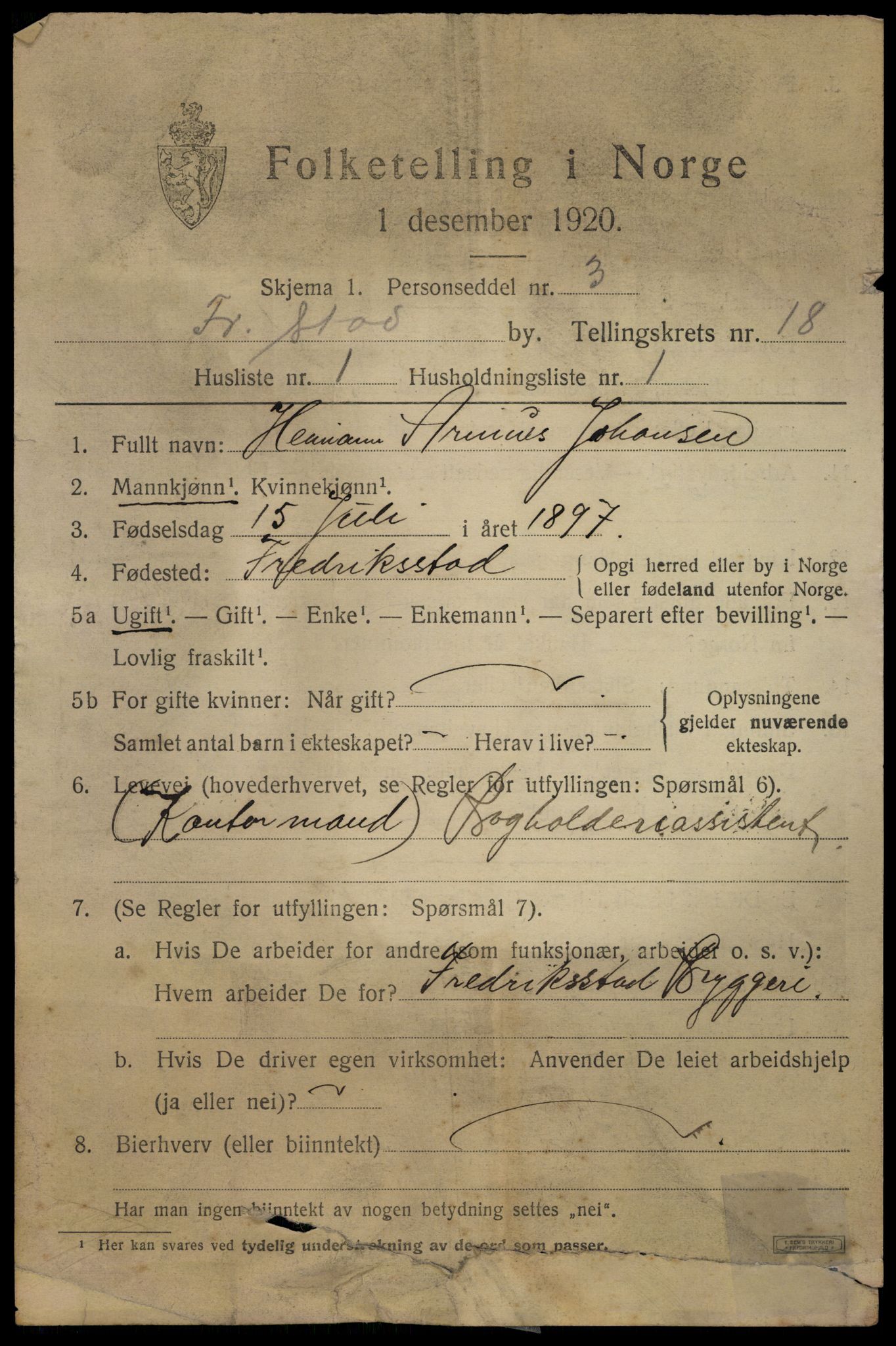 SAO, 1920 census for Fredrikstad, 1920, p. 40727