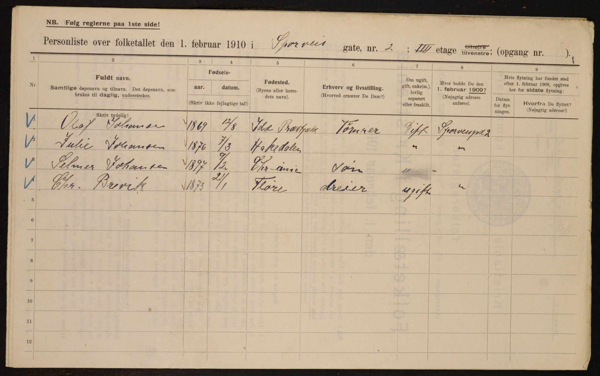 OBA, Municipal Census 1910 for Kristiania, 1910, p. 95518