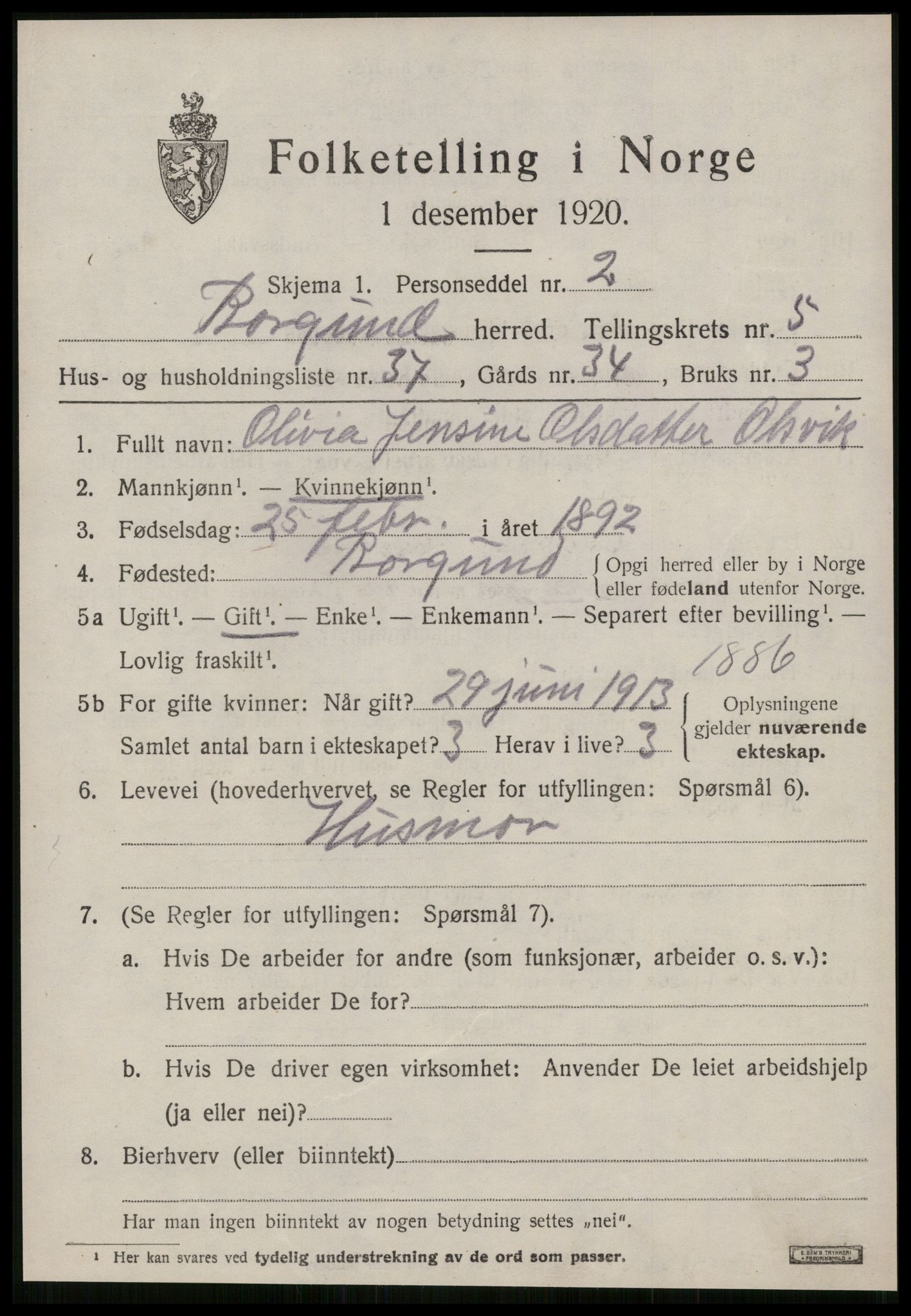 SAT, 1920 census for Borgund, 1920, p. 4996