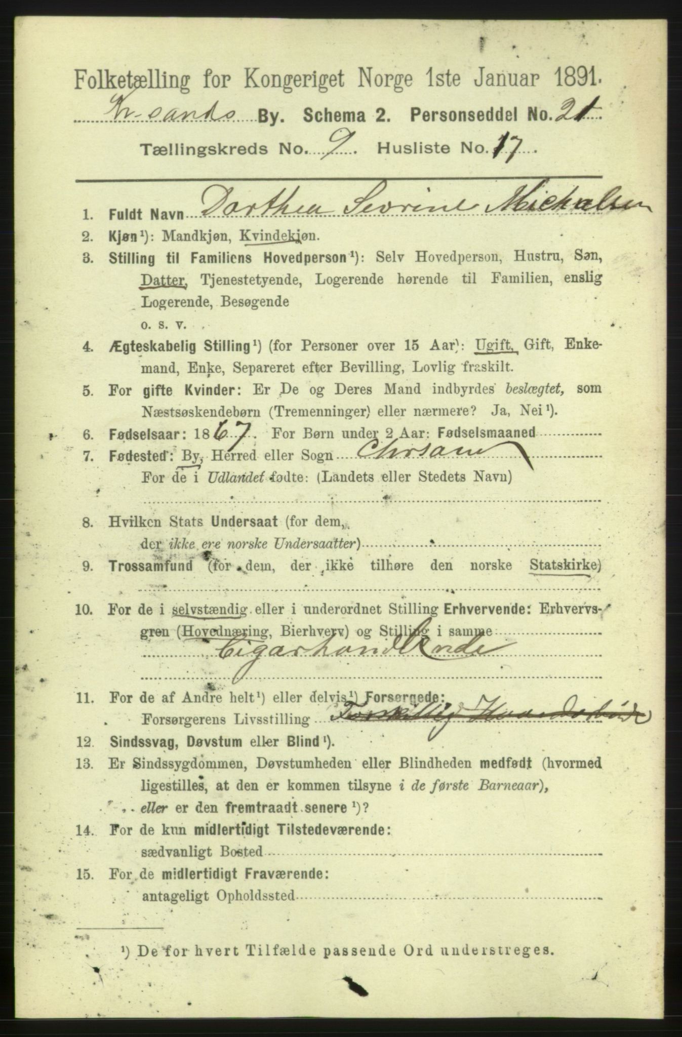 RA, 1891 census for 1001 Kristiansand, 1891, p. 5056