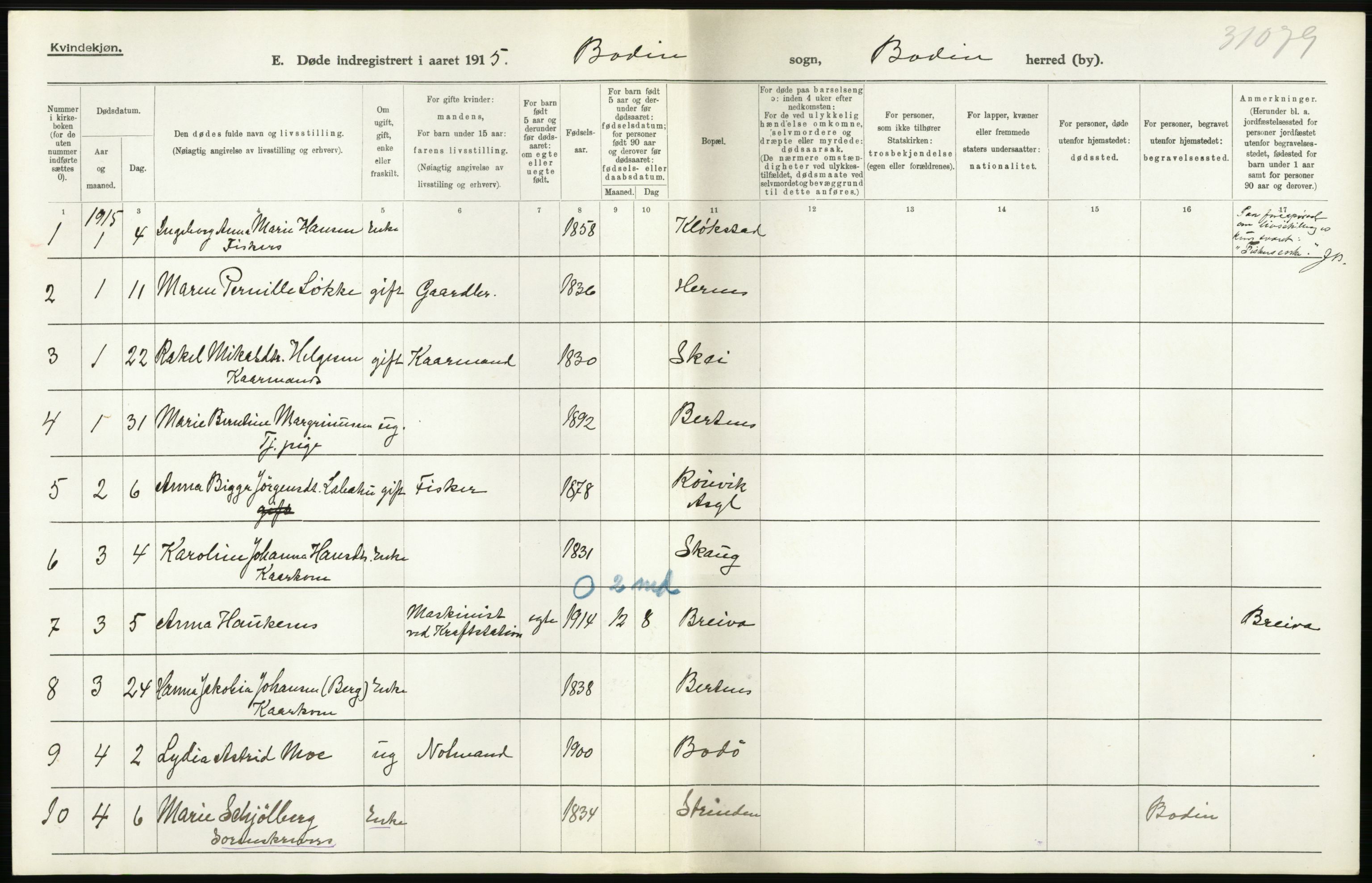 Statistisk sentralbyrå, Sosiodemografiske emner, Befolkning, AV/RA-S-2228/D/Df/Dfb/Dfbe/L0049: Nordlands amt: Døde. Bygder., 1915, p. 20