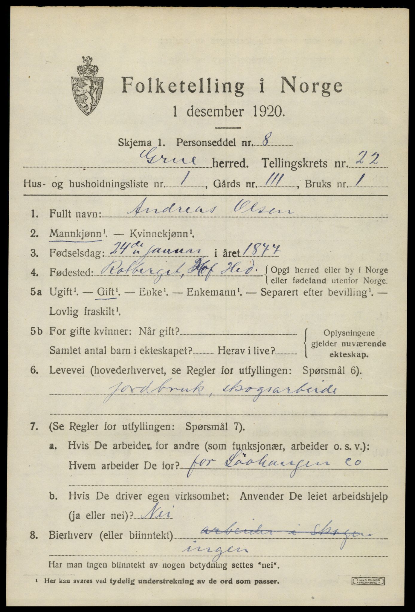 SAH, 1920 census for Grue, 1920, p. 15509