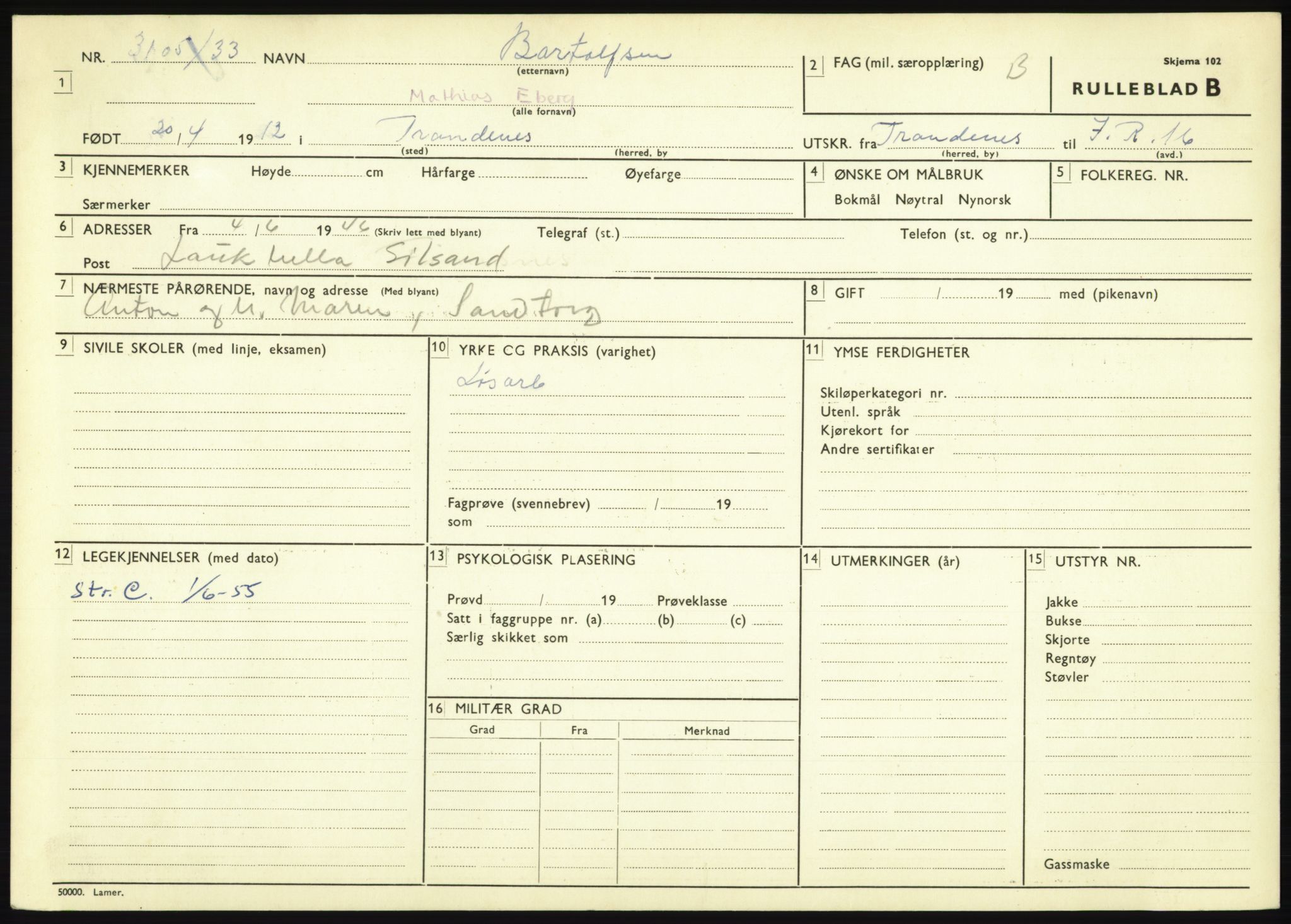 Forsvaret, Troms infanteriregiment nr. 16, AV/RA-RAFA-3146/P/Pa/L0017: Rulleblad for regimentets menige mannskaper, årsklasse 1933, 1933, p. 91