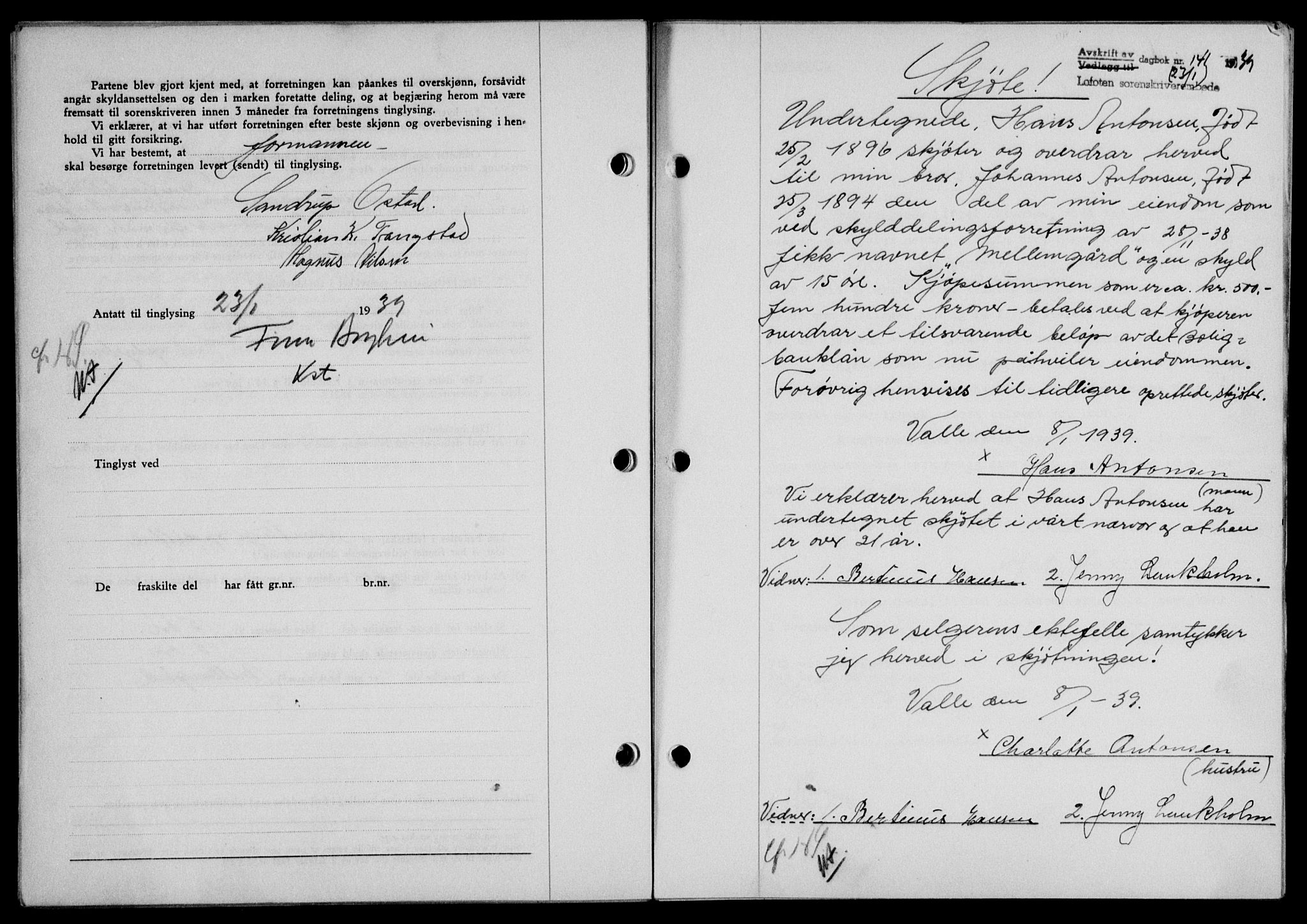 Lofoten sorenskriveri, SAT/A-0017/1/2/2C/L0005a: Mortgage book no. 5a, 1939-1939, Diary no: : 141/1939