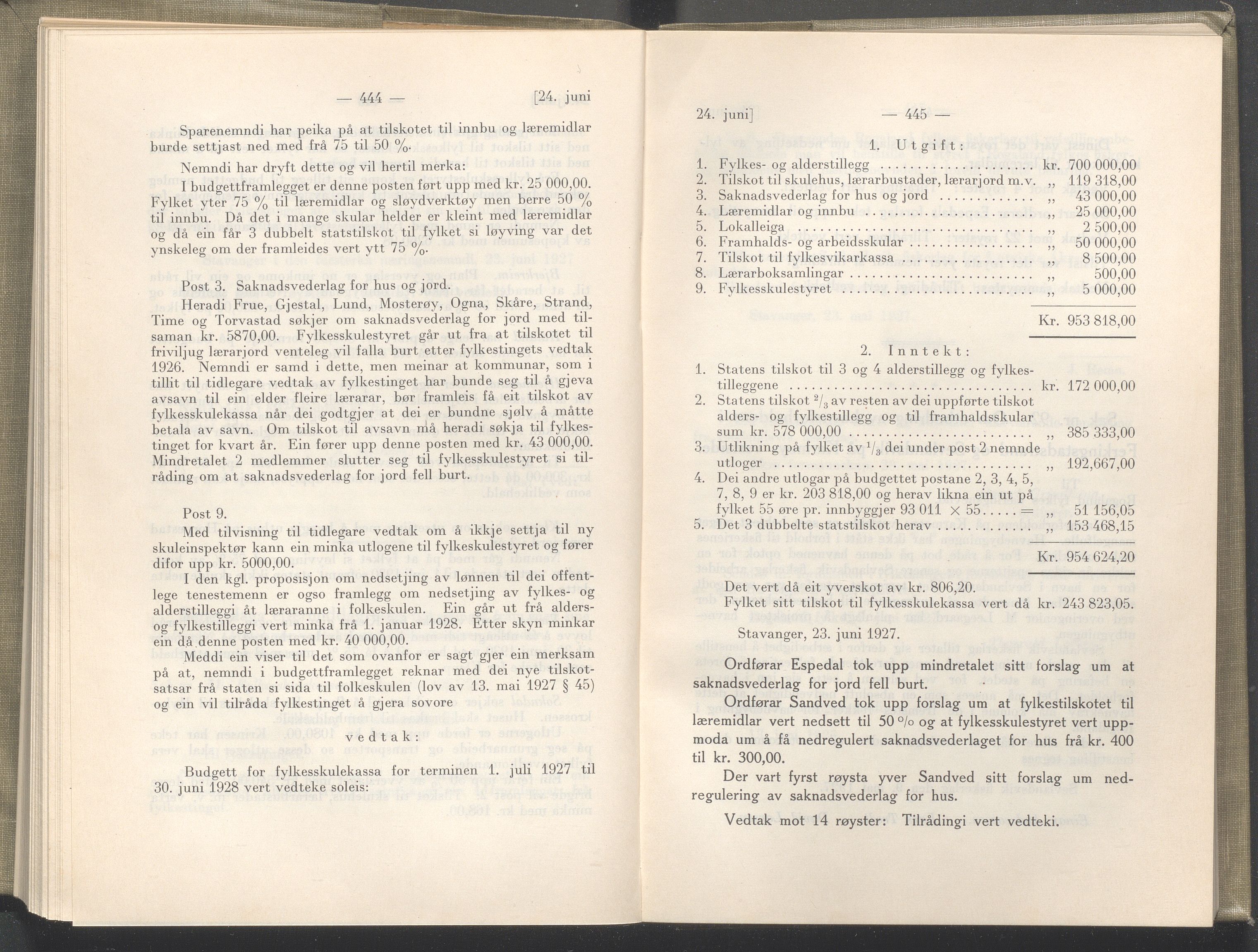 Rogaland fylkeskommune - Fylkesrådmannen , IKAR/A-900/A/Aa/Aaa/L0046: Møtebok , 1927, p. 444-445