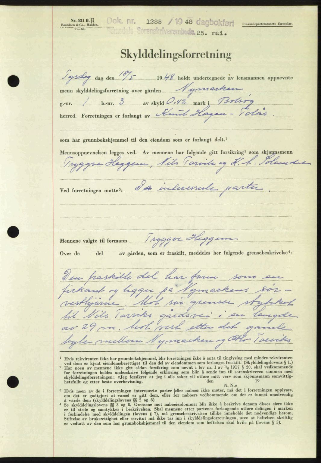 Romsdal sorenskriveri, AV/SAT-A-4149/1/2/2C: Mortgage book no. A26, 1948-1948, Diary no: : 1285/1948