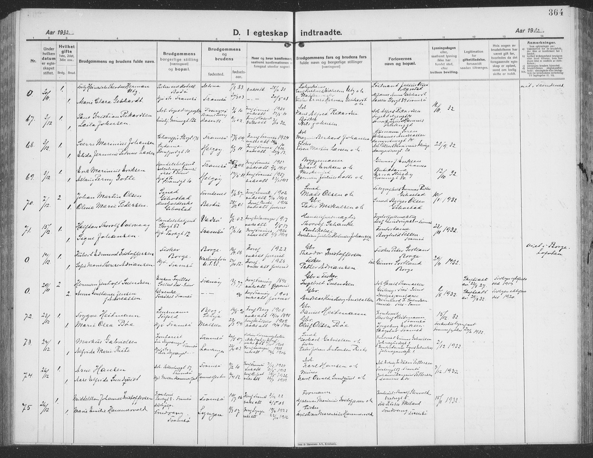 Tromsø sokneprestkontor/stiftsprosti/domprosti, AV/SATØ-S-1343/G/Gb/L0010klokker: Parish register (copy) no. 10, 1925-1937, p. 364