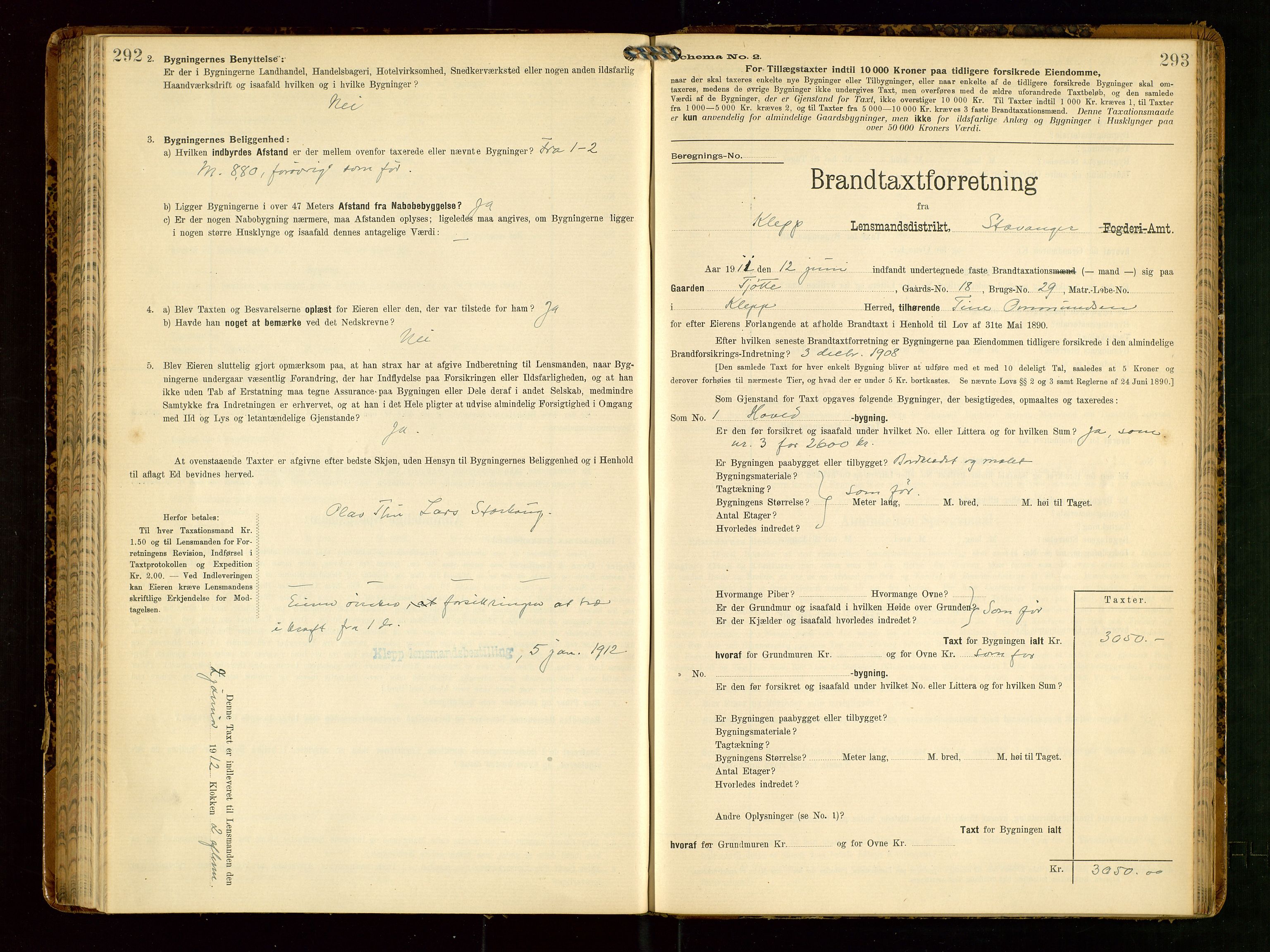 Klepp lensmannskontor, AV/SAST-A-100163/Goc/L0006: "Brandtaxationsprotokol" m/register, 1908-1912, p. 292-293