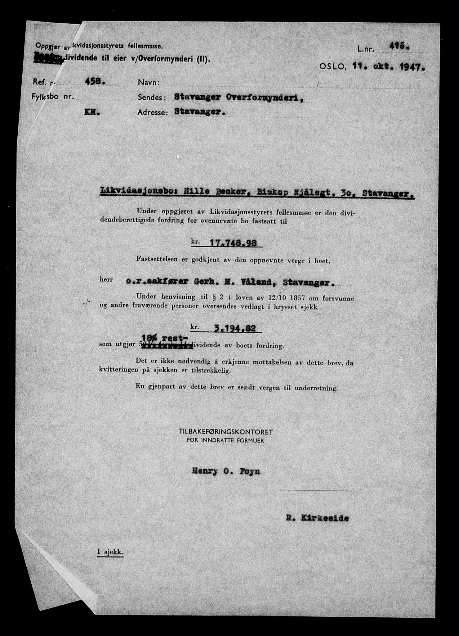 Justisdepartementet, Tilbakeføringskontoret for inndratte formuer, AV/RA-S-1564/H/Hc/Hcd/L0990: --, 1945-1947, p. 209