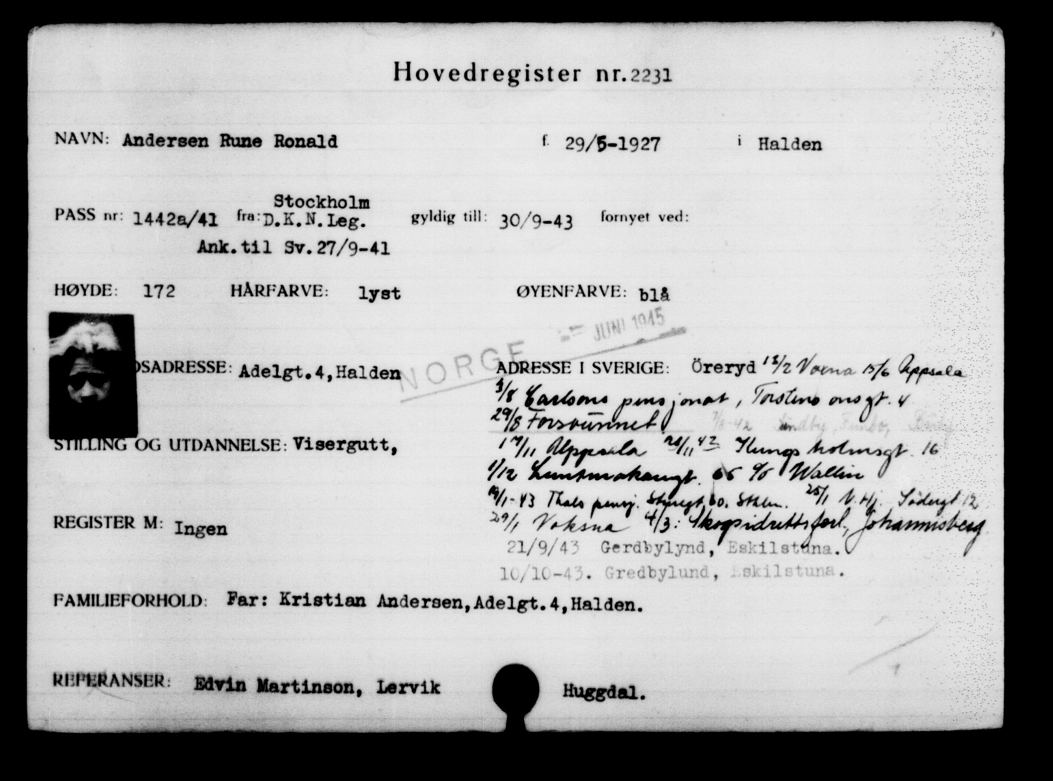 Utenriksstasjonene, Legasjonen i Stockholm, Flyktningkontoret, AV/RA-S-6753/V/Va/L0003: Kjesäterkartoteket, flyktninger med registreringsnr. 2001-3495, 1940-1945, p. 321