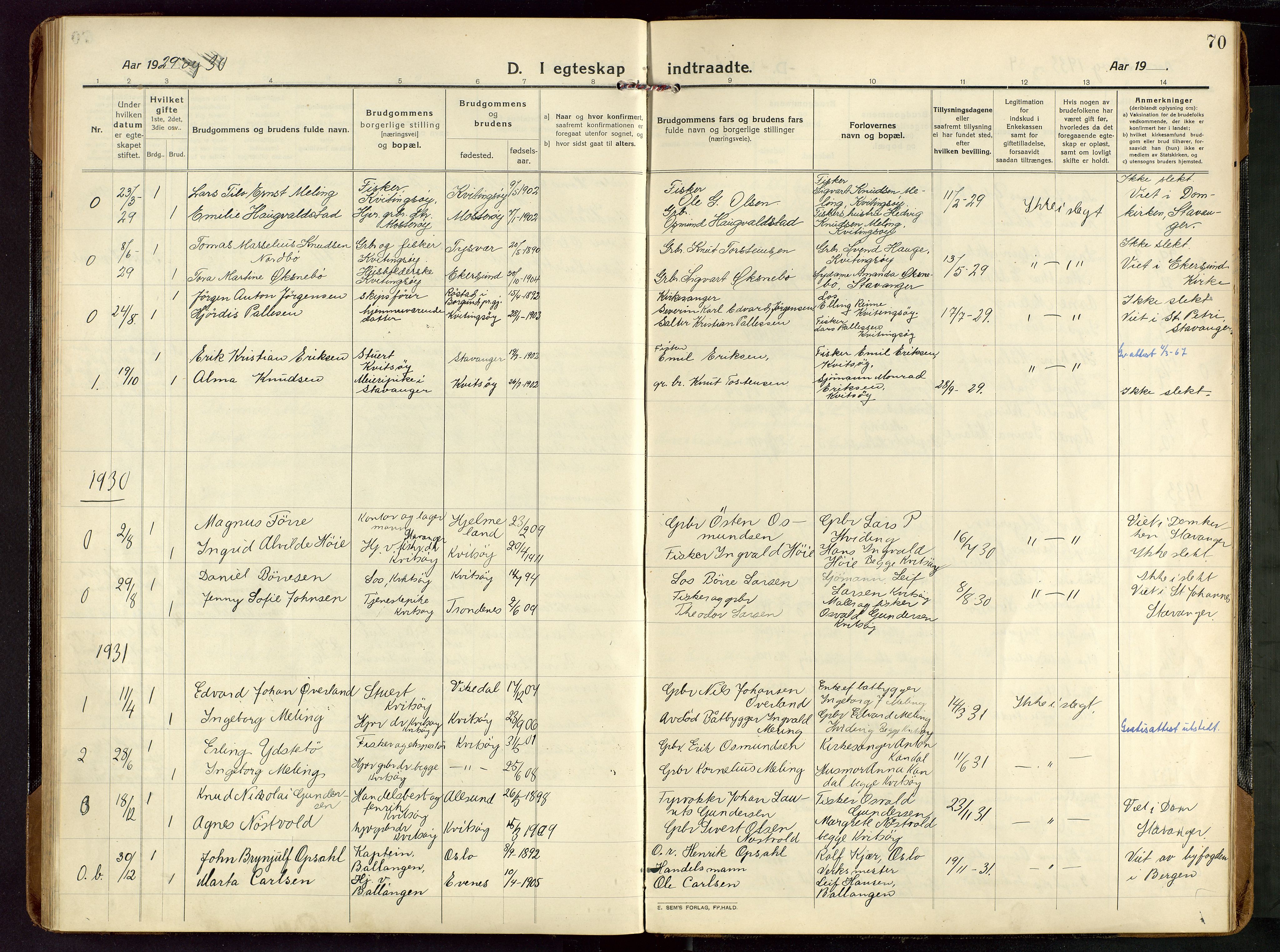 Rennesøy sokneprestkontor, AV/SAST-A -101827/H/Ha/Haa/L0018: Parish register (official) no. A 18, 1917-1937, p. 70