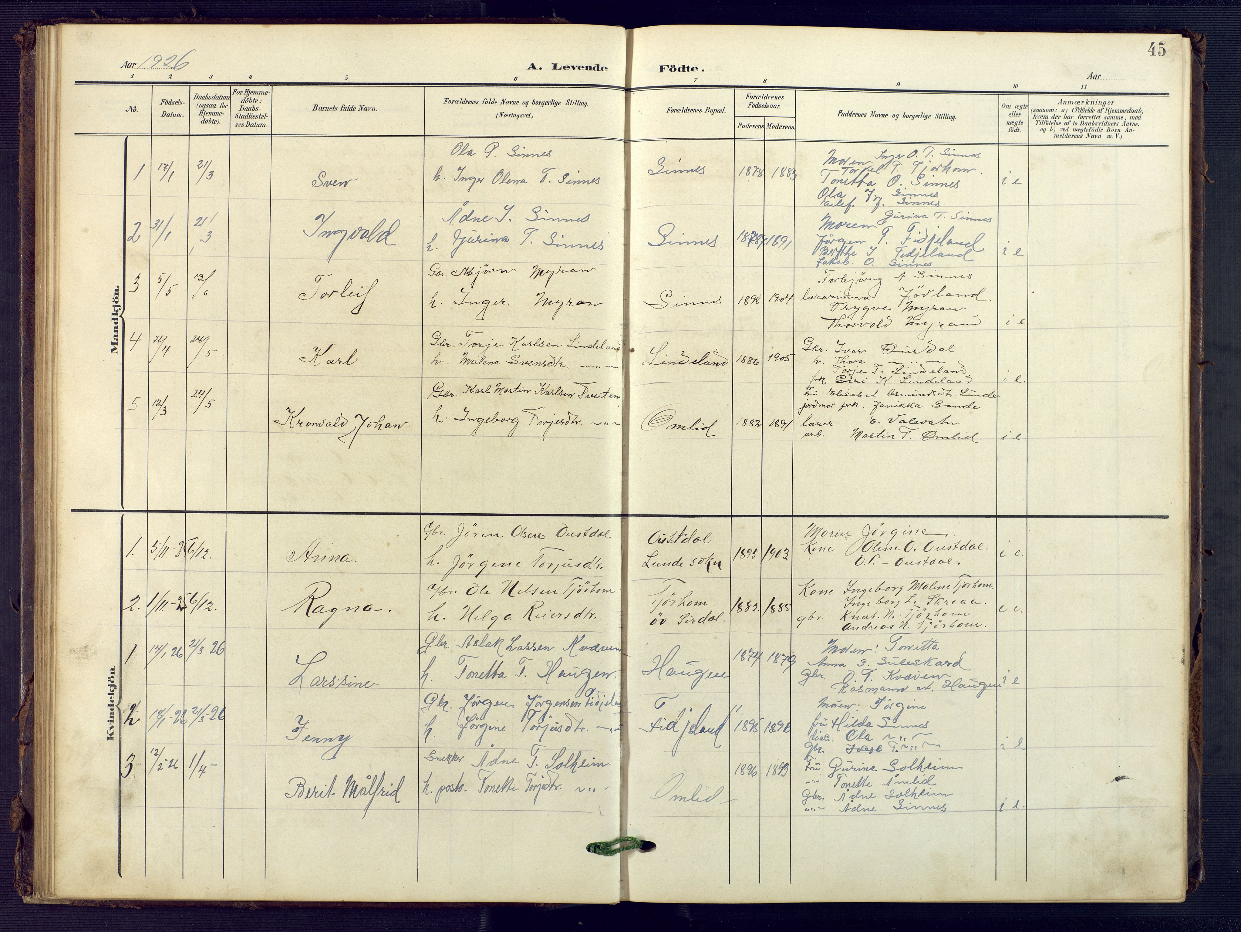 Sirdal sokneprestkontor, SAK/1111-0036/F/Fb/Fba/L0002: Parish register (copy) no. B 2, 1905-1958, p. 45