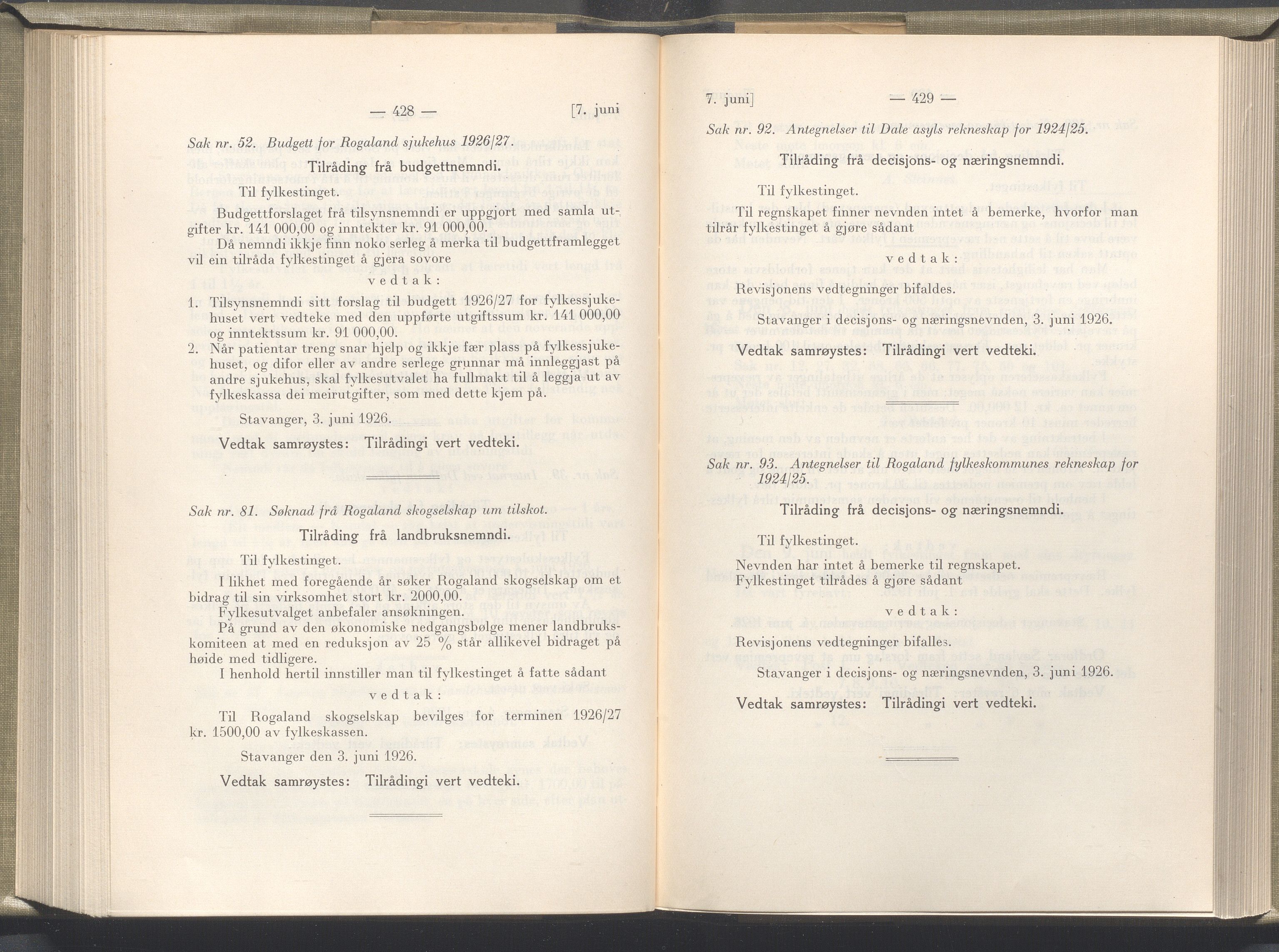 Rogaland fylkeskommune - Fylkesrådmannen , IKAR/A-900/A/Aa/Aaa/L0045: Møtebok , 1926, p. 428-429